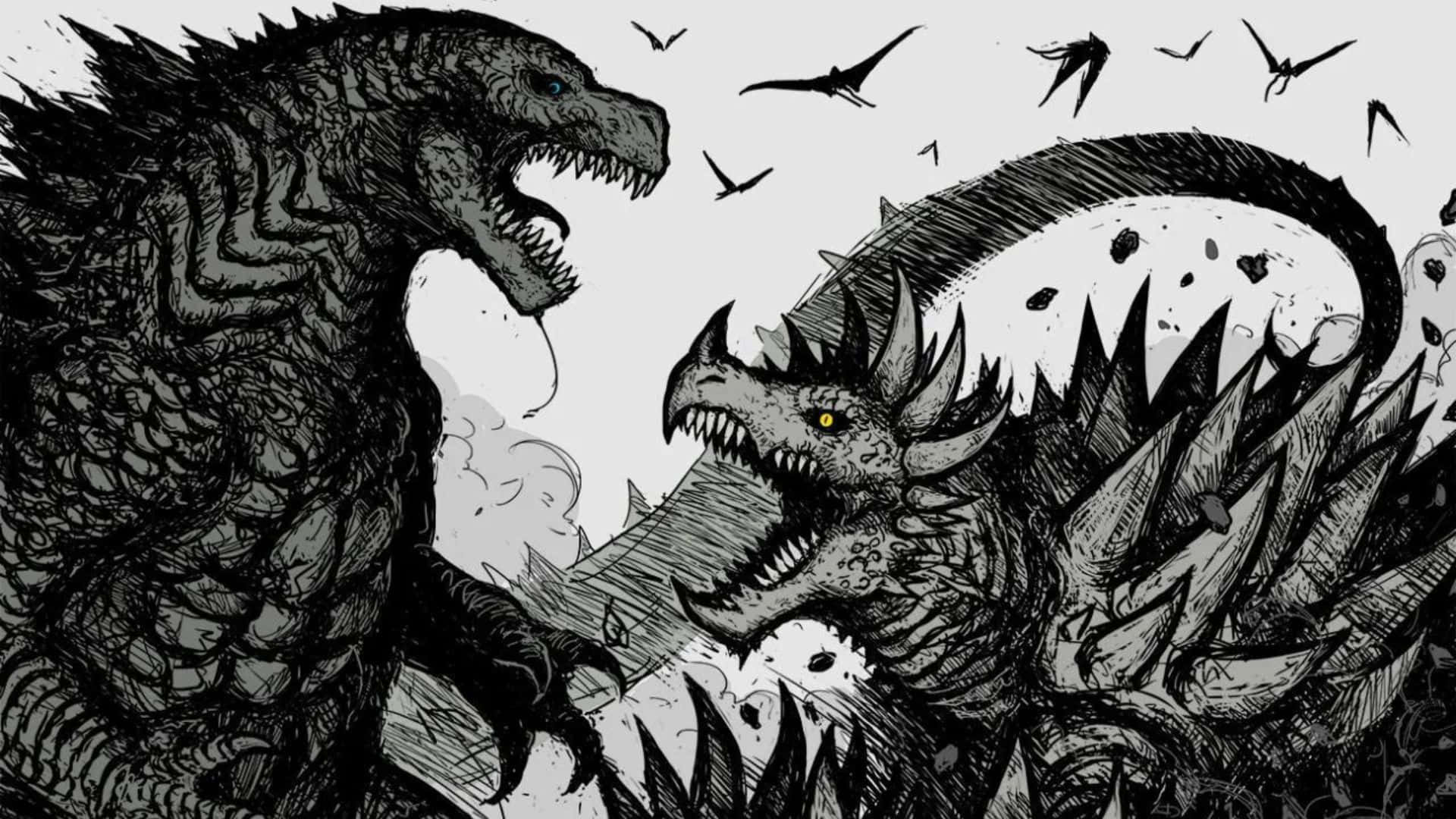 Godzilla, Anguirus, black and white illustration, Full HD Desktop Wallpaper