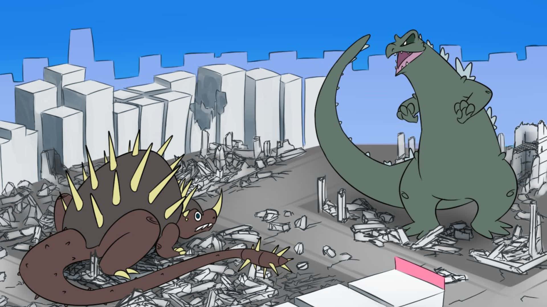 Godzilla, Anguirus, destroyed cityscape, Full HD Desktop Wallpaper