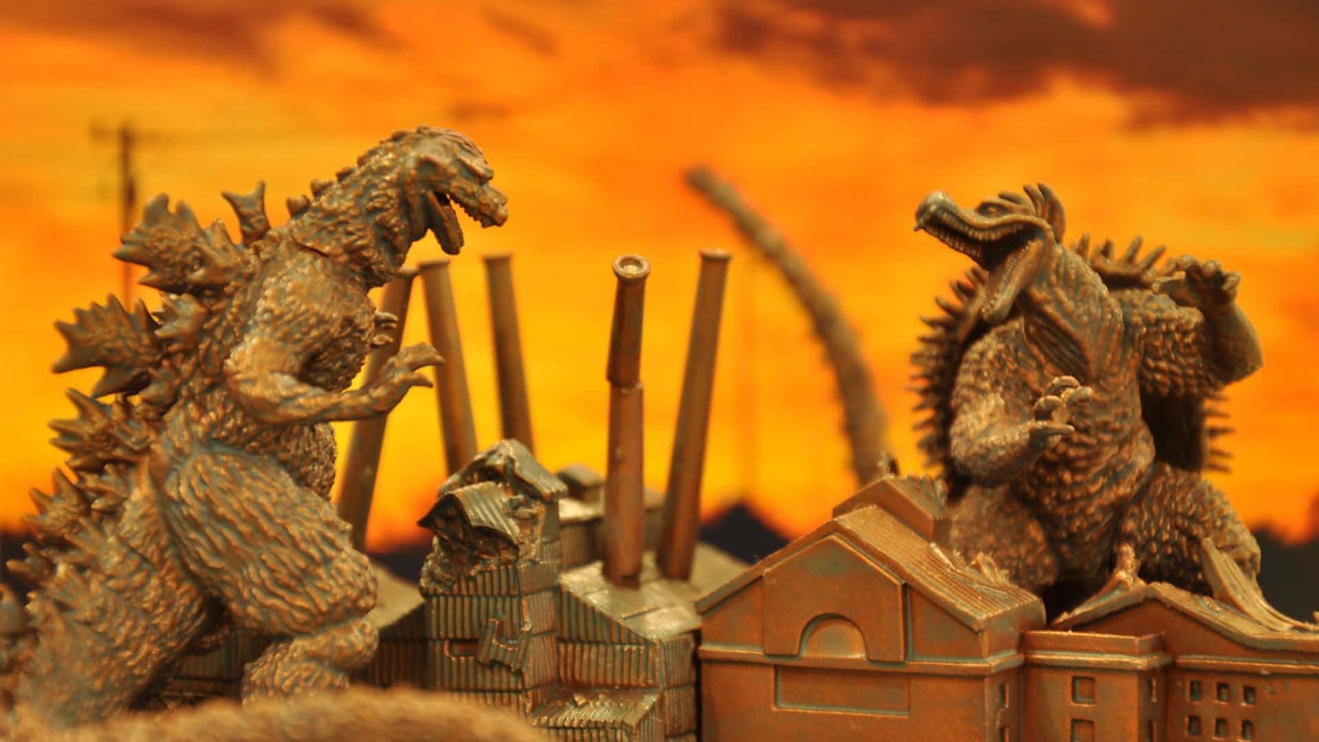 Godzilla, Anguirus, fiery orange sunset sky, Full HD Desktop Wallpaper