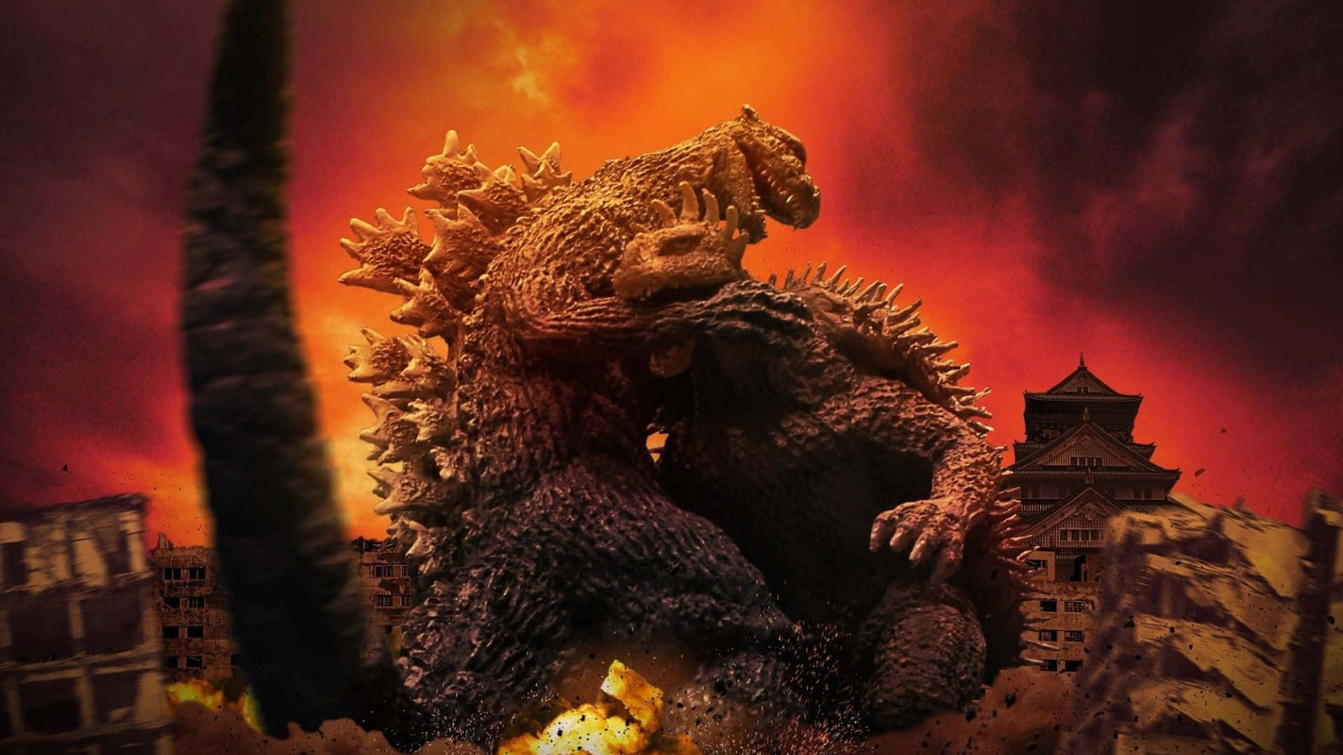 Godzilla, Anguirus, burning cityscape, Full HD Desktop Wallpaper
