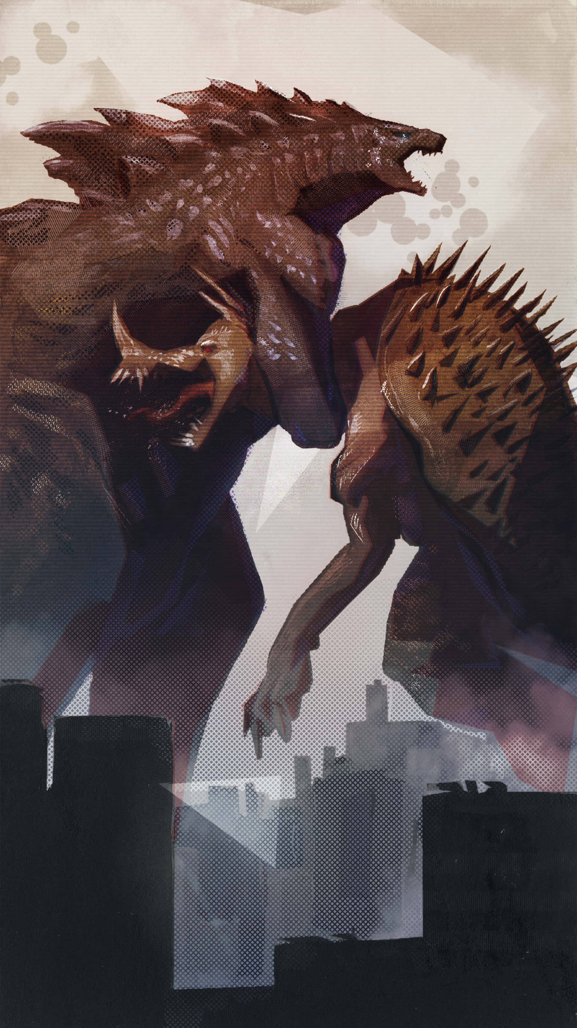 Godzilla, Anguirus, shattered cityscape, 2K Phone Wallpaper