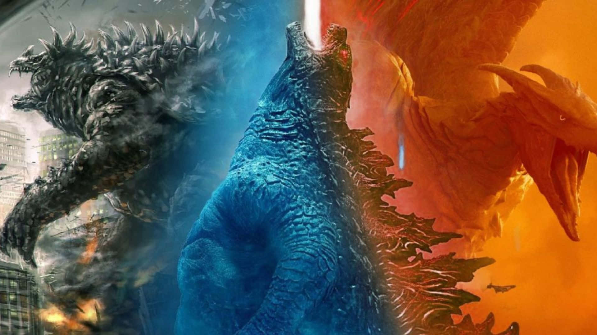 Godzilla, Anguirus, firey urban battlefield, Full HD Desktop Wallpaper