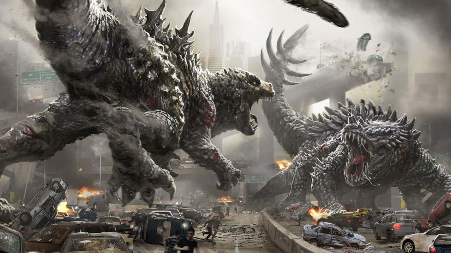 Godzilla, Anguirus, city street, Full HD Desktop Wallpaper