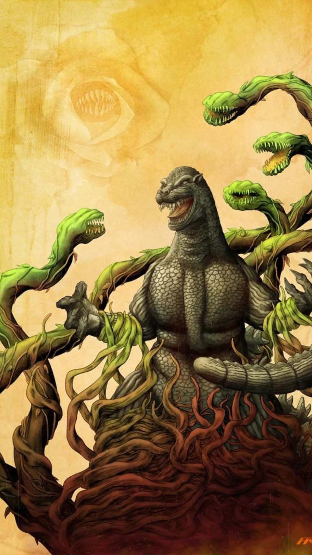 Godzilla Vs Biollante, green vine arms, roots erupts from earth, Full HD Phone Wallpaper