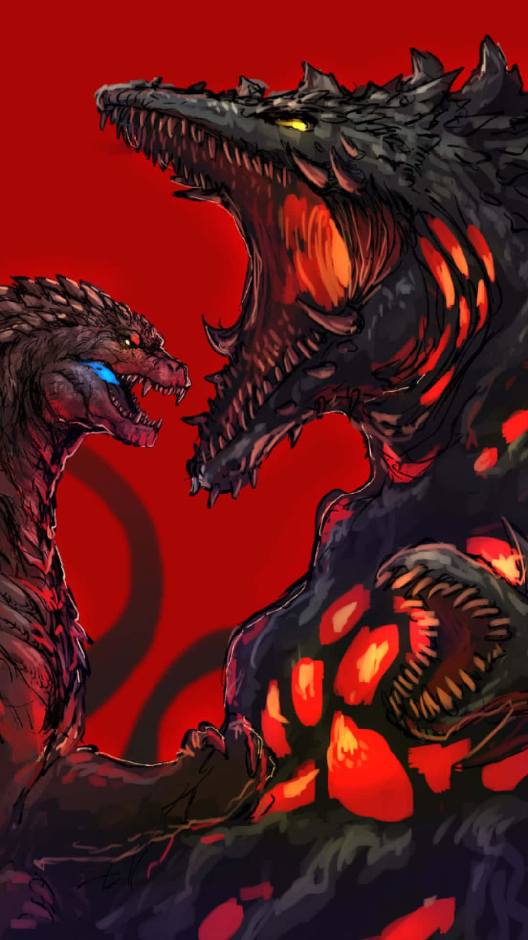 Godzilla Vs Biollante, glowing eyes, fiery underscales, Full HD Phone Wallpaper