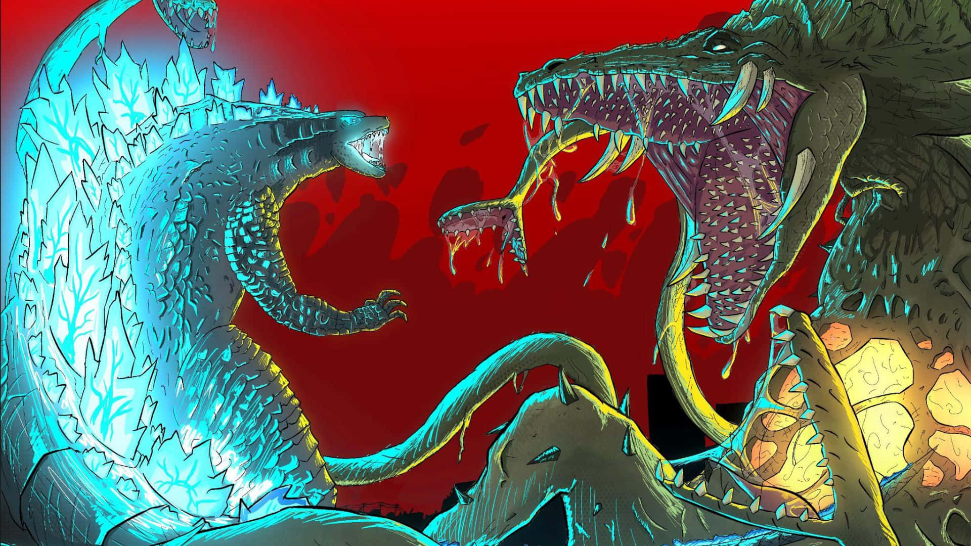 Godzilla Vs Biollante, kaiju monsters, blood-red sky, Full HD Desktop Wallpaper