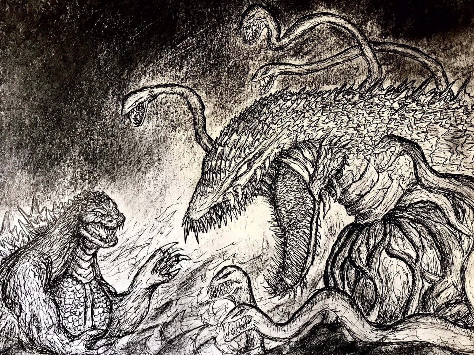 Godzilla, Biollante, black and white sketch, HD Desktop Wallpaper