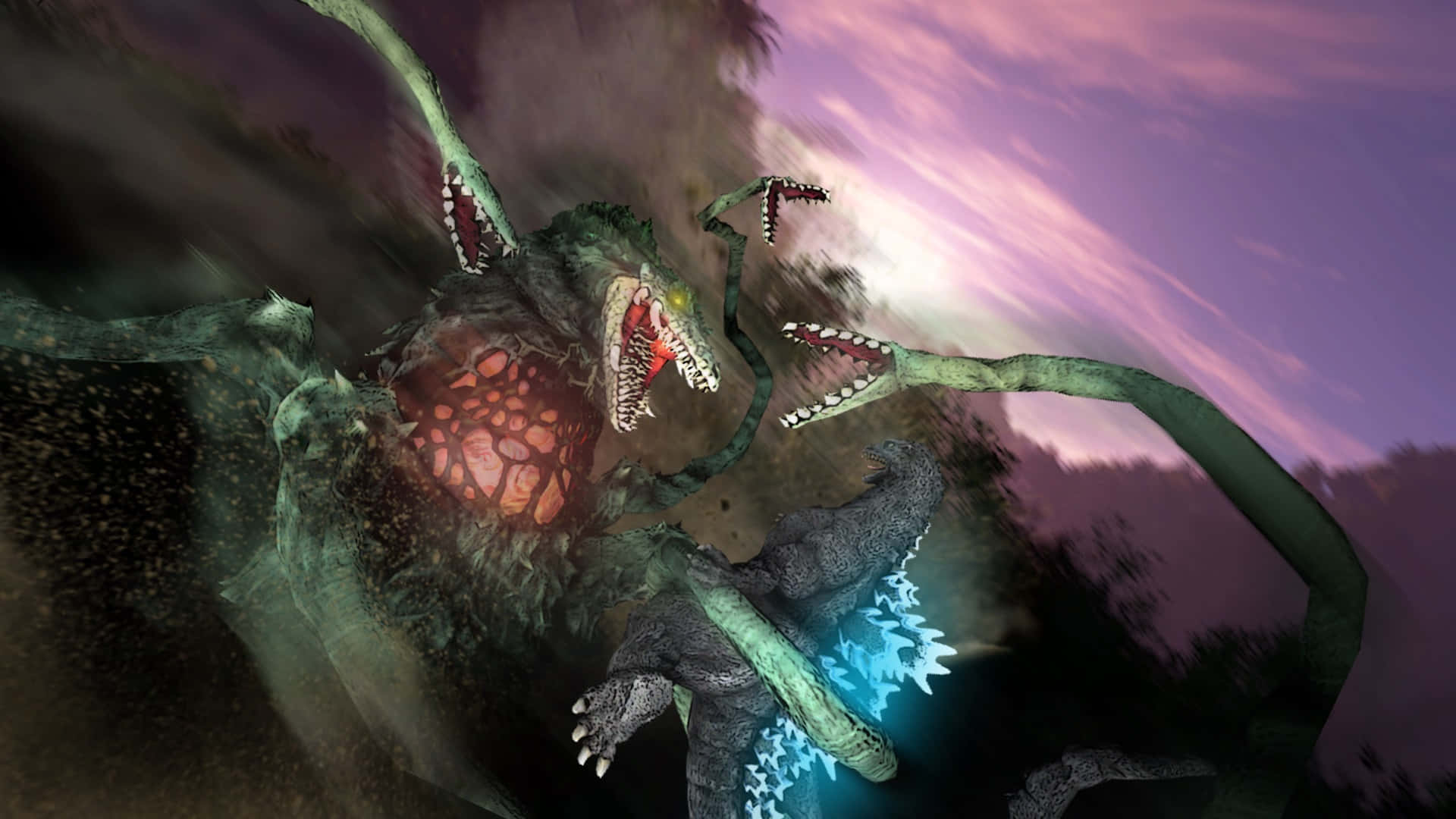 Godzilla, Biollante, purple twilight sky, Full HD Desktop Wallpaper