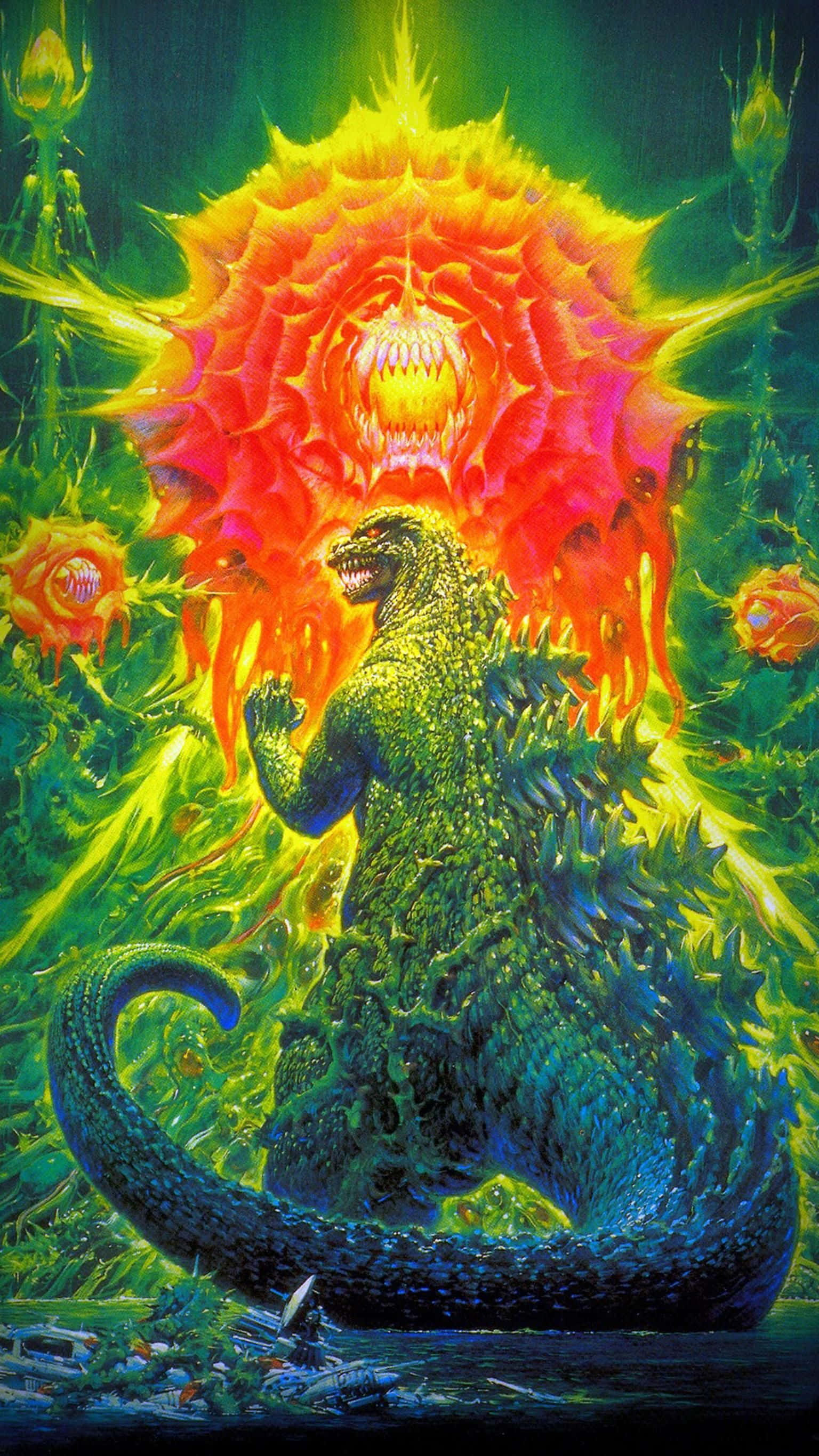 Godzilla, Biollante, neon-lit jungle, 2K Phone Wallpaper