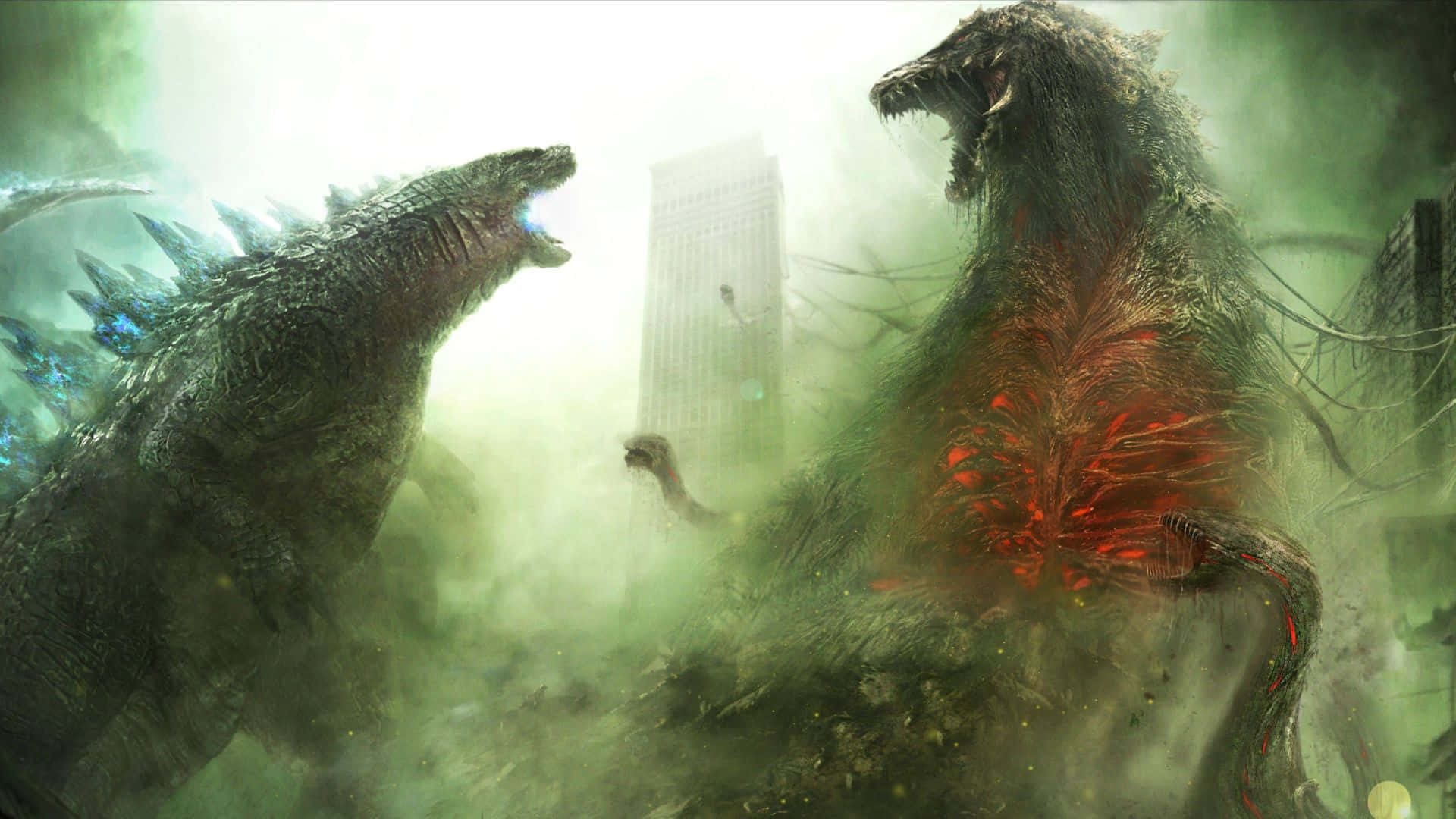 Godzilla, Biollante, smoky ruined cityscape, Full HD Desktop Wallpaper