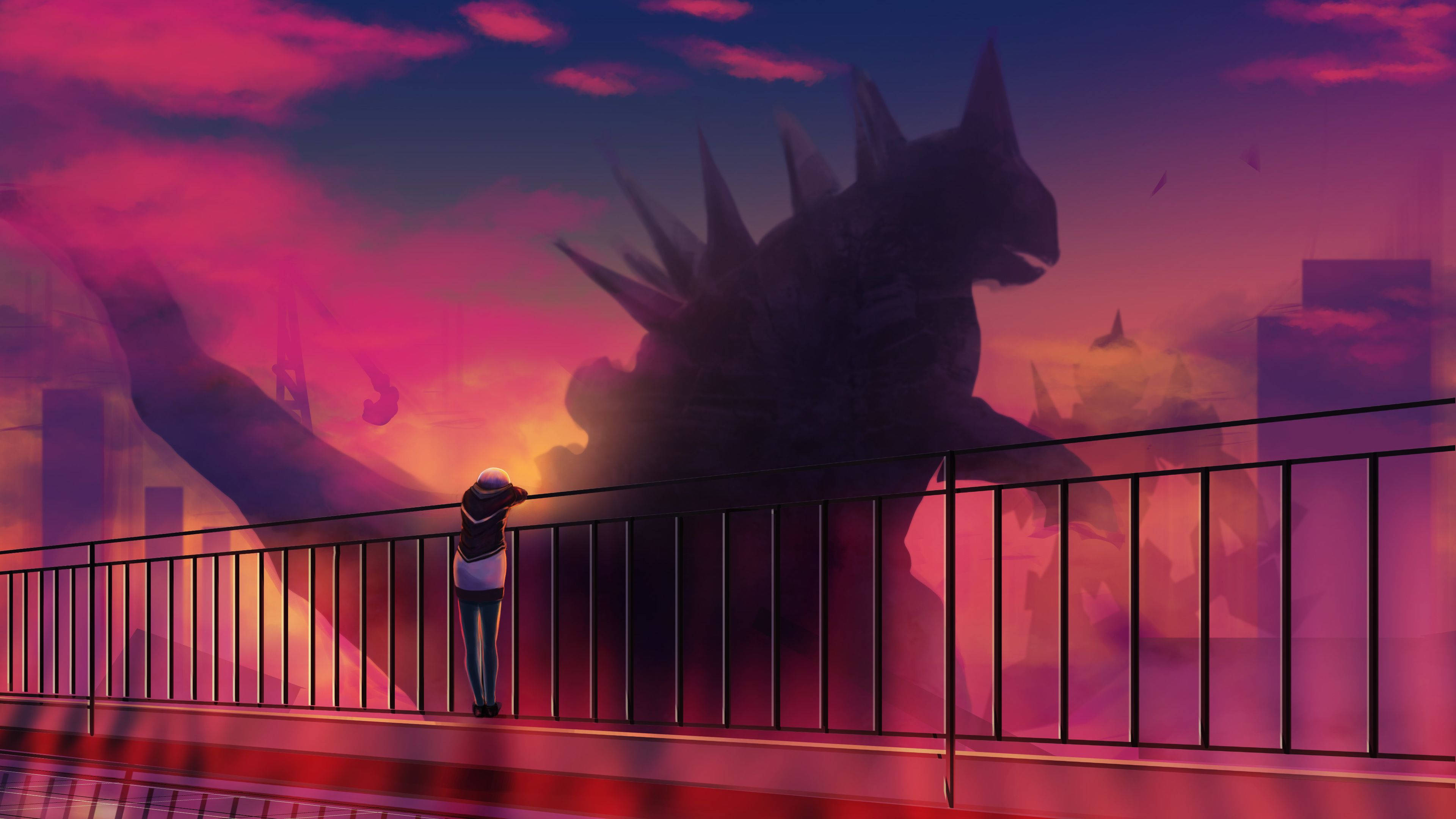 Godzilla, red anime Godzilla, fiery pink and orange sunset, 4K Desktop Wallpaper
