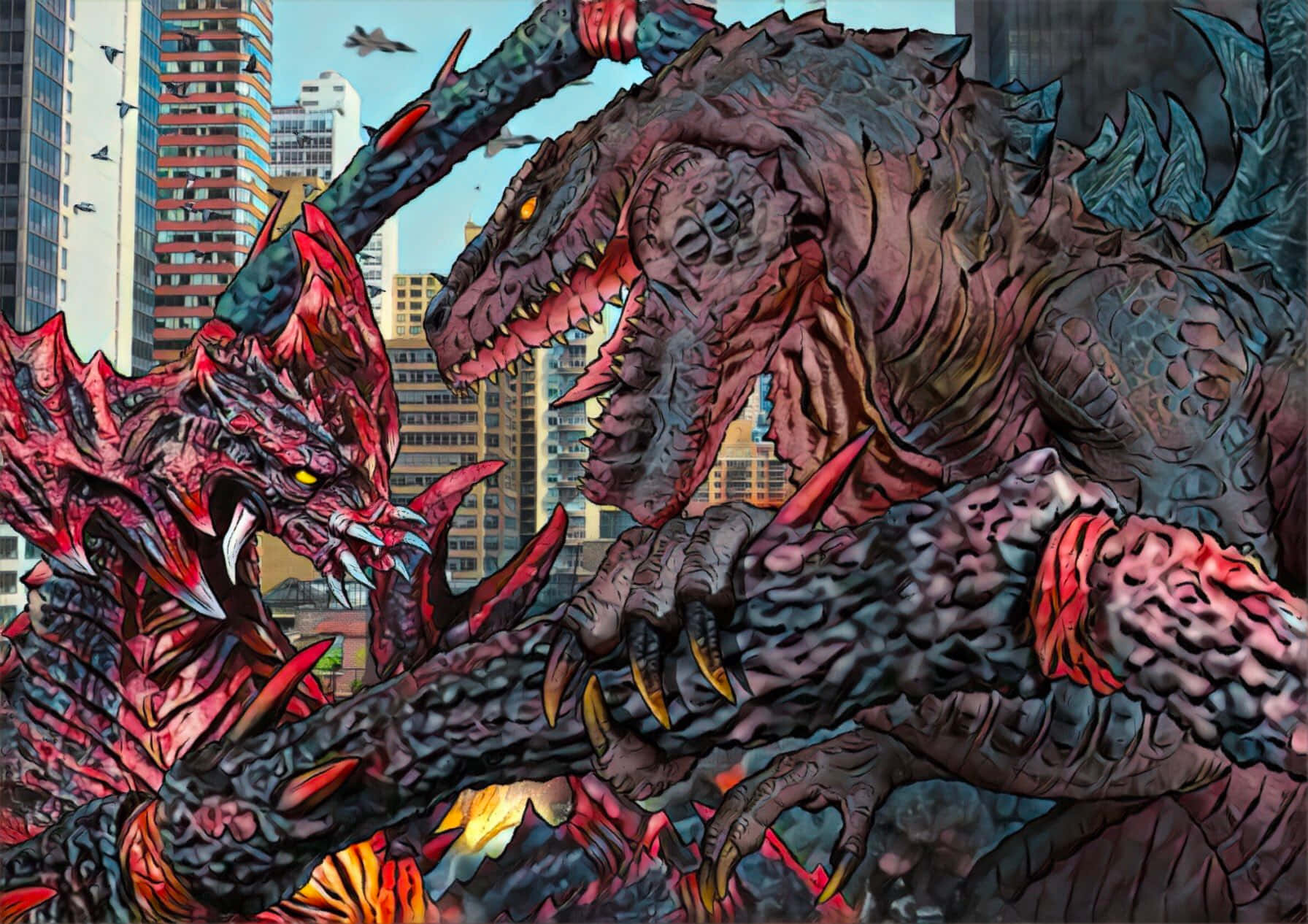 Godzilla Vs Destoroyah, colossal monsters, fiery urban battle, HD Desktop Wallpaper