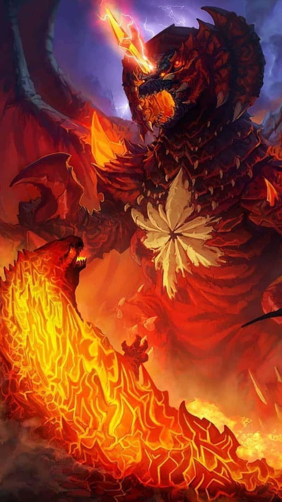 Godzilla vs Destoroyah, fiery dragon, glowing eyes, Full HD Phone Wallpaper