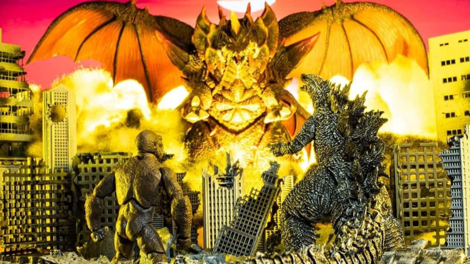 Godzilla vs Destoroyah, golden-winged kaiju, burning cityscape, Full HD Desktop Wallpaper