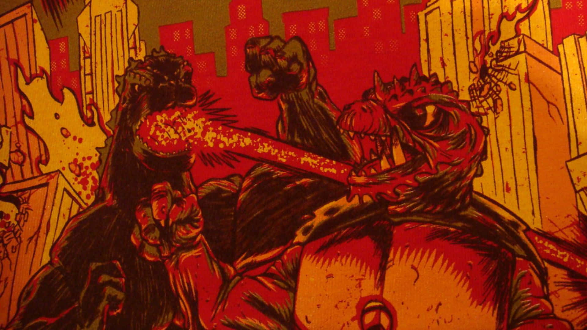 Godzilla, Gamera, fiery urban battlefield, Full HD Desktop Wallpaper