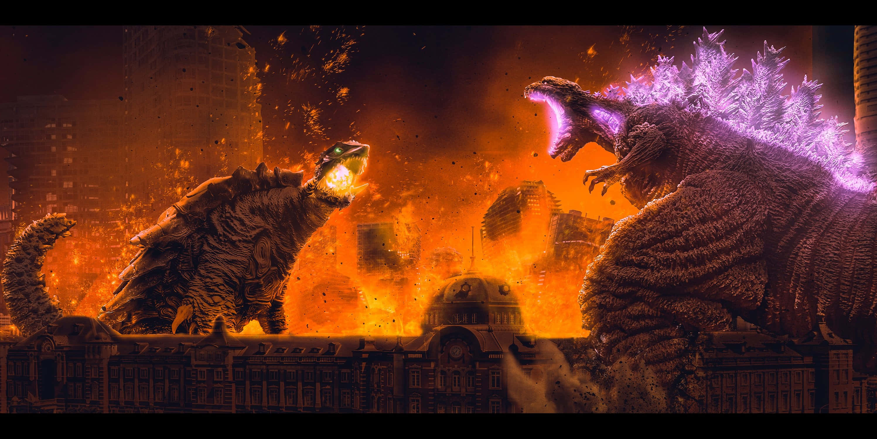 Godzilla, Gamera, fiery urban battlefield, 2K Desktop Wallpaper