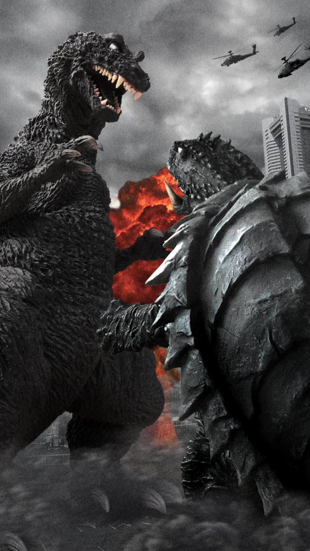 Godzilla, Gamera, fiery urban battlefield, Full HD Phone Wallpaper