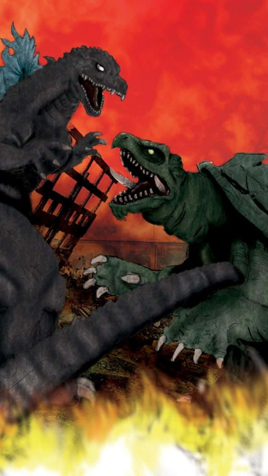 Godzilla, Gamera, blood-red sky, Full HD Phone Wallpaper