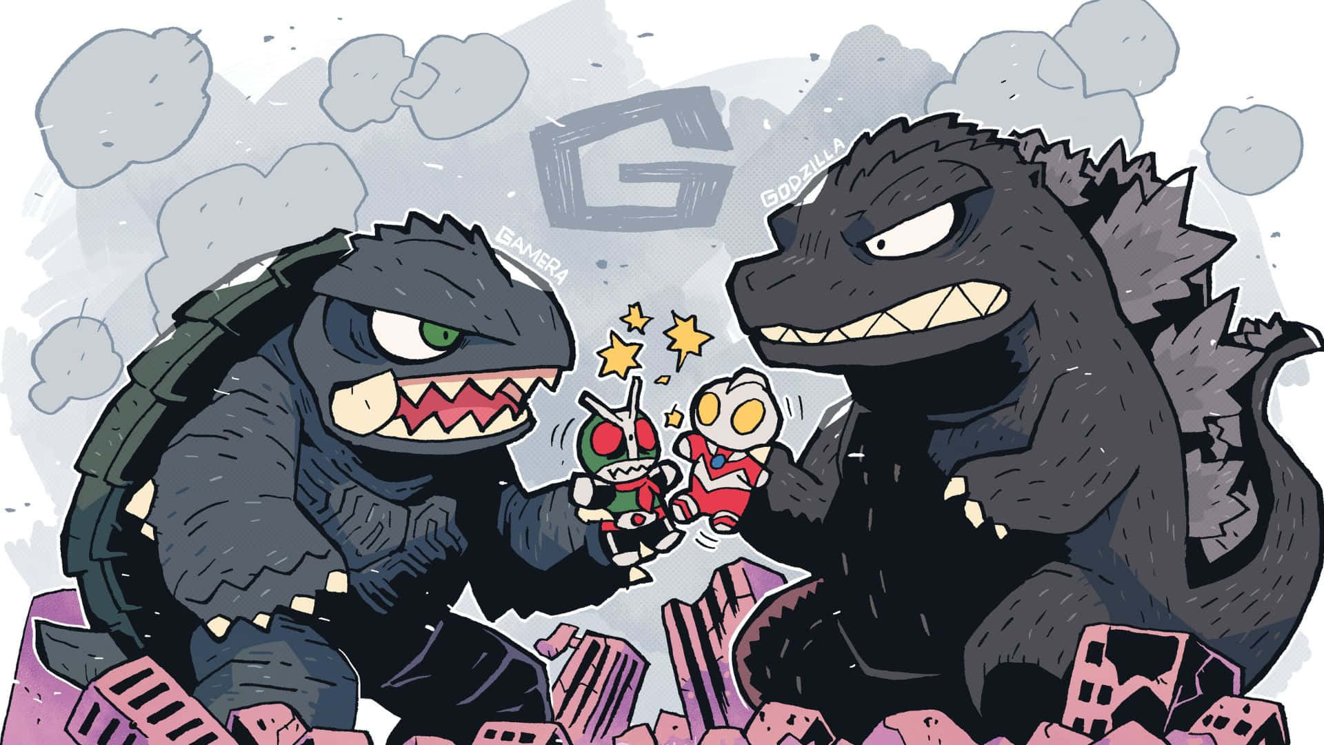 Godzilla, Gamera, pink rubble, Full HD Desktop Wallpaper
