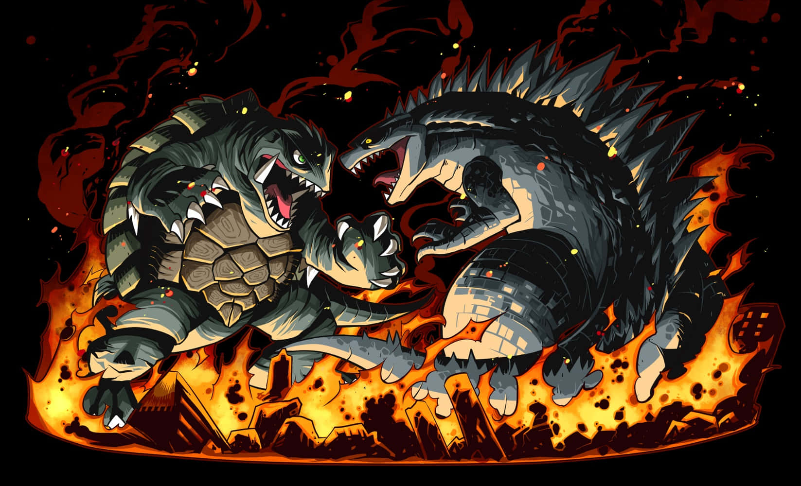 Godzilla, Gamera, crumbling city ruins, HD Desktop Wallpaper