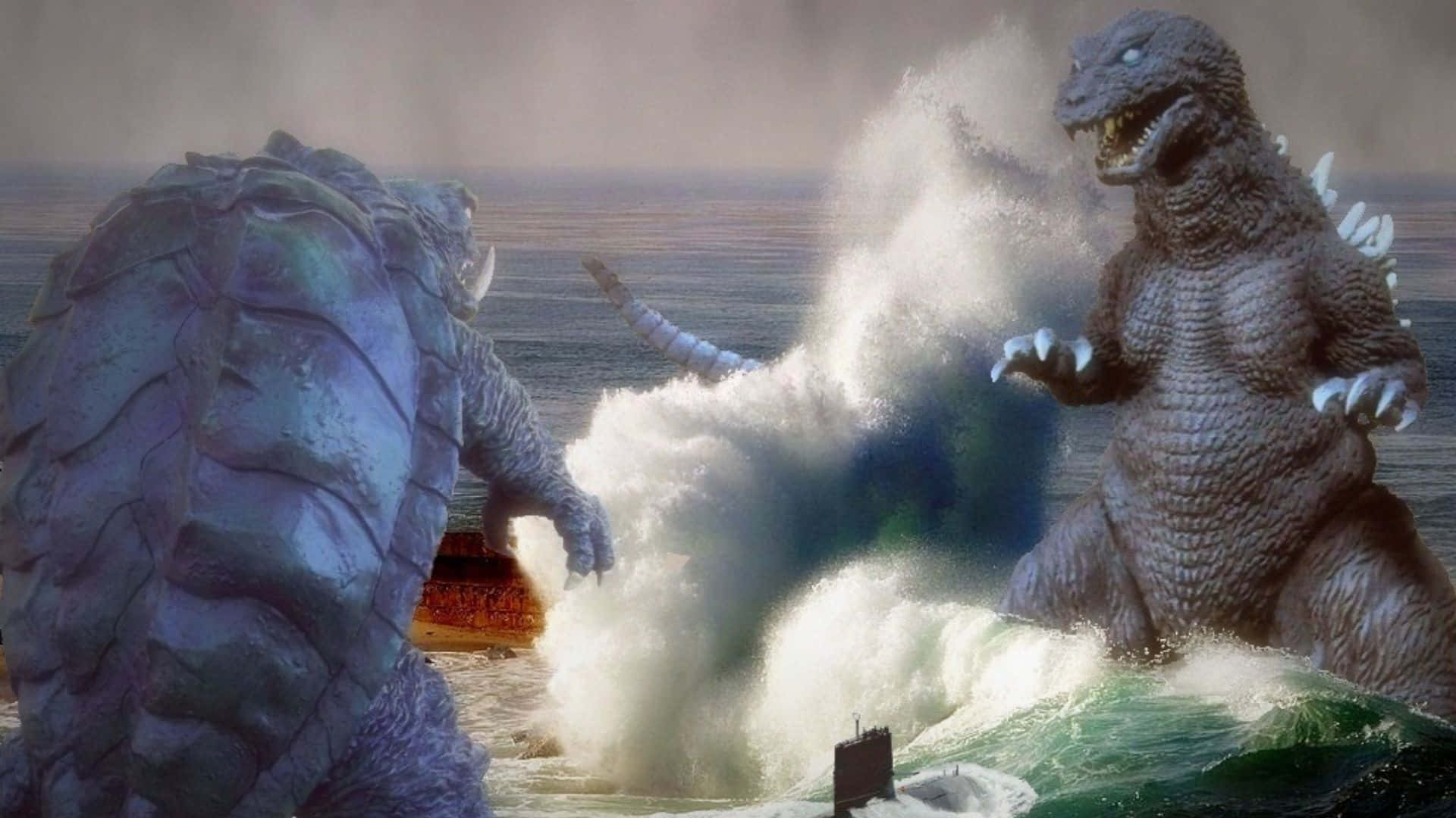 Godzilla, Gamera, churning ocean waves, Full HD Desktop Wallpaper