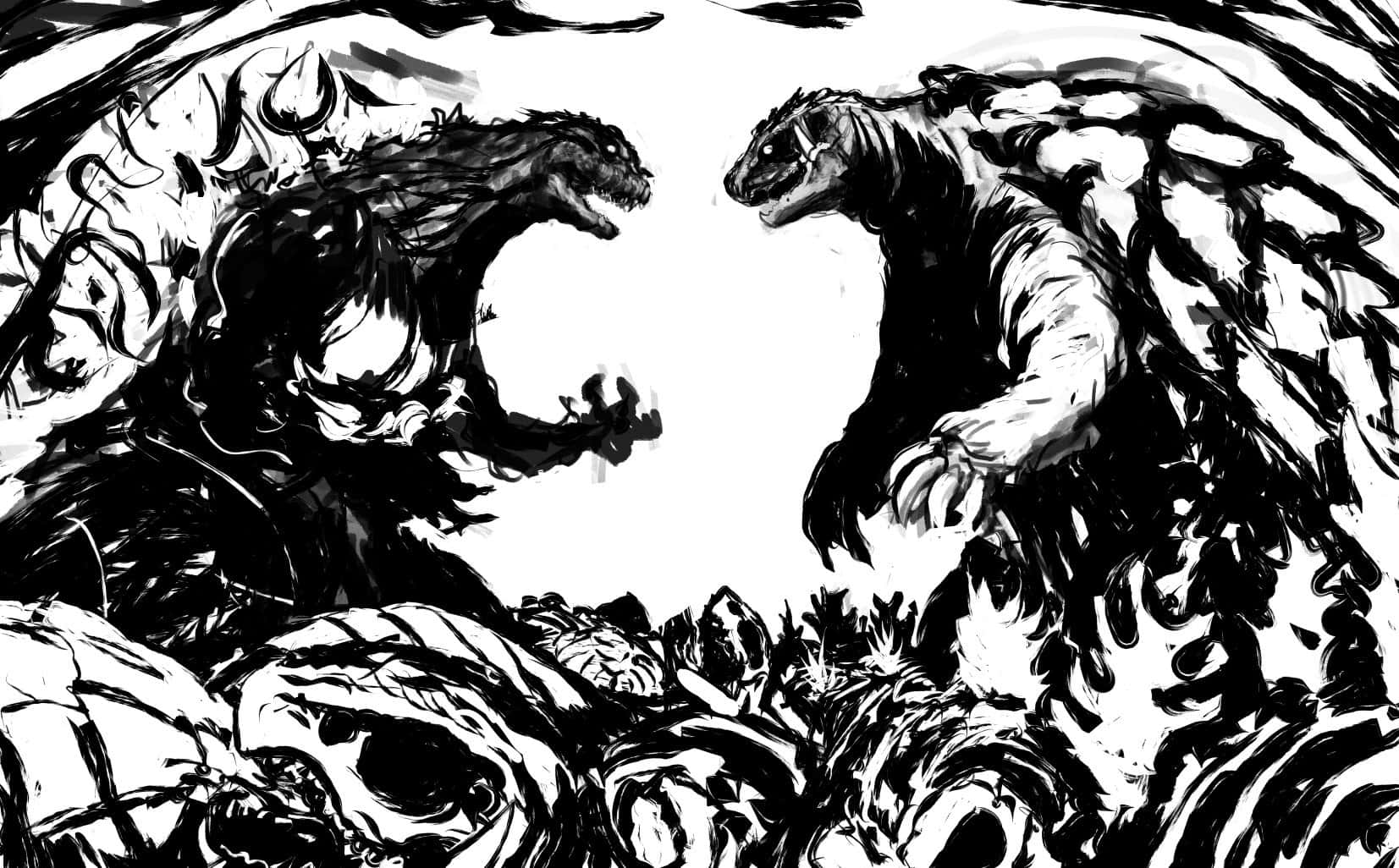 Godzilla, Gamera, black and white ink drawing, HD Desktop Wallpaper