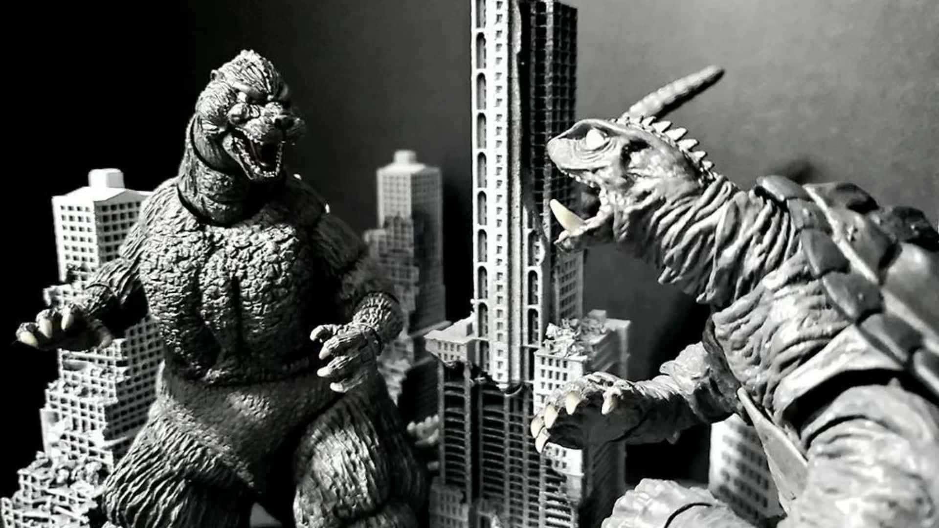 Godzilla, Gamera, black and white diorama, Full HD Desktop Wallpaper