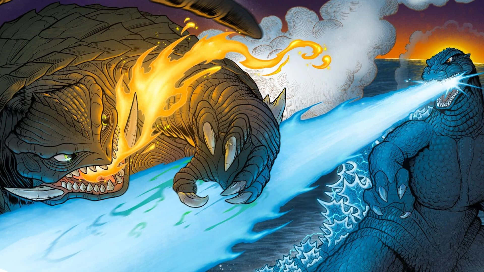 Godzilla, Gamera, fire breath, Full HD Desktop Wallpaper