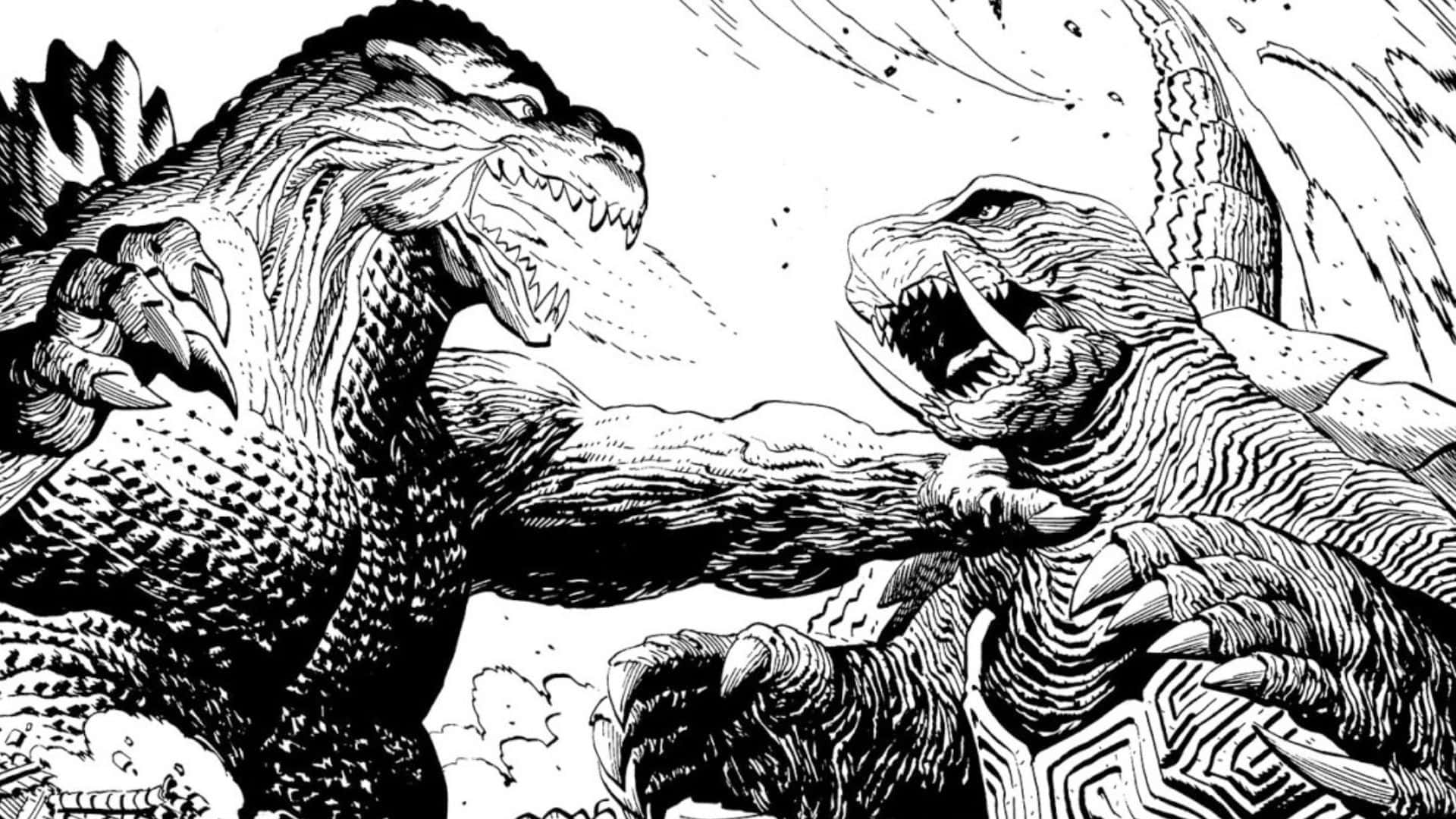 Godzilla, Gamera, black and white illustration, Full HD Desktop Wallpaper