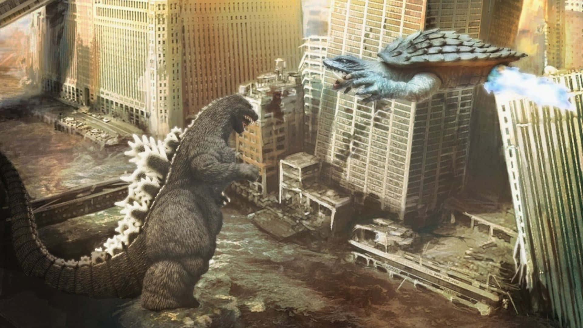 Godzilla, Gamera, sunlit urban ruin, Full HD Desktop Wallpaper
