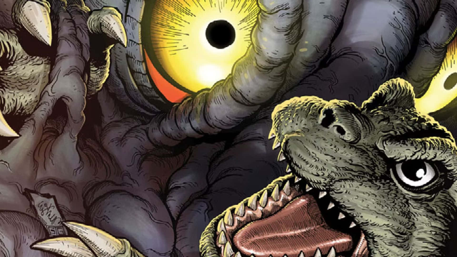 Godzilla, Hedorah, glowing yellow eye, Full HD Desktop Wallpaper