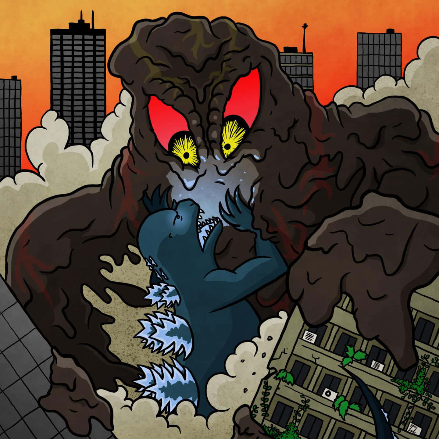 Godzilla, Hedorah, ruined cityscape, HD Desktop Wallpaper