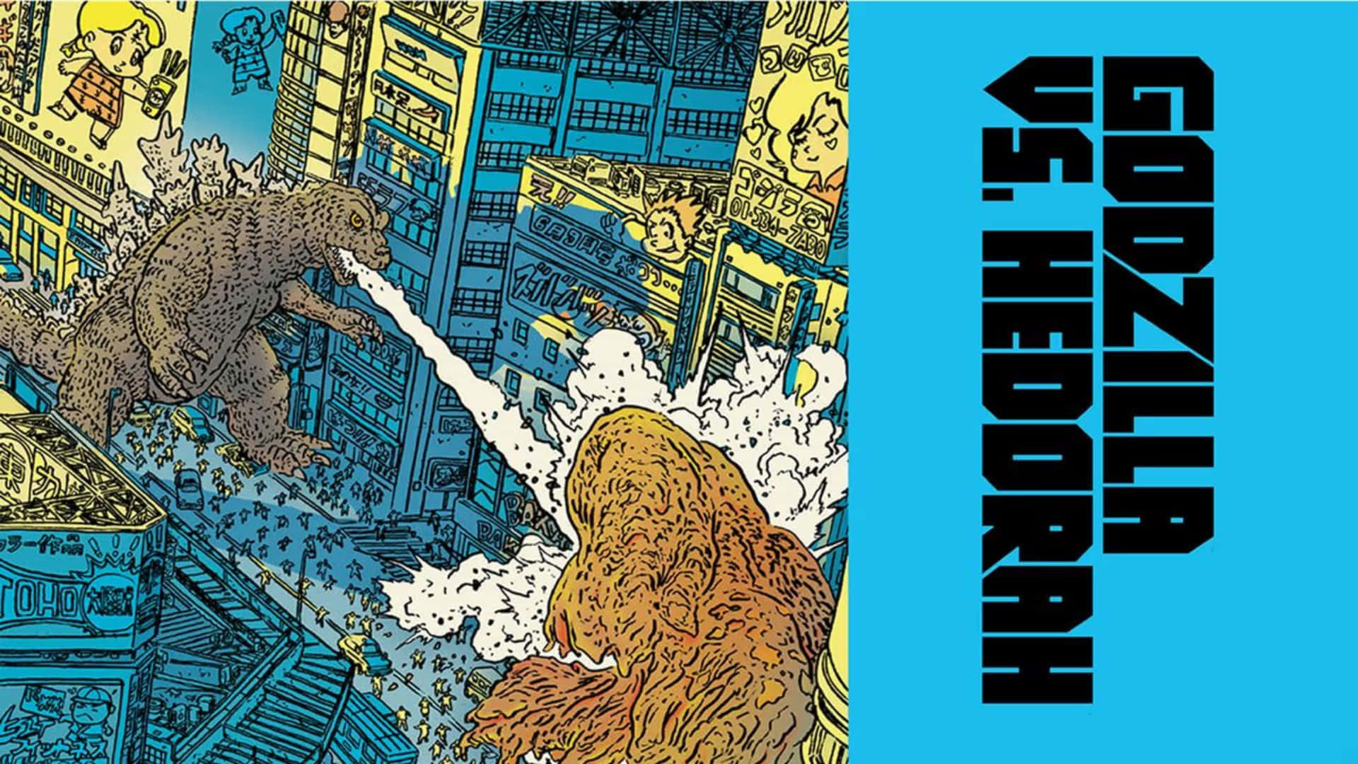 Godzilla Vs Hedorah, cartoonish cityscape, bold lines, Full HD Desktop Wallpaper