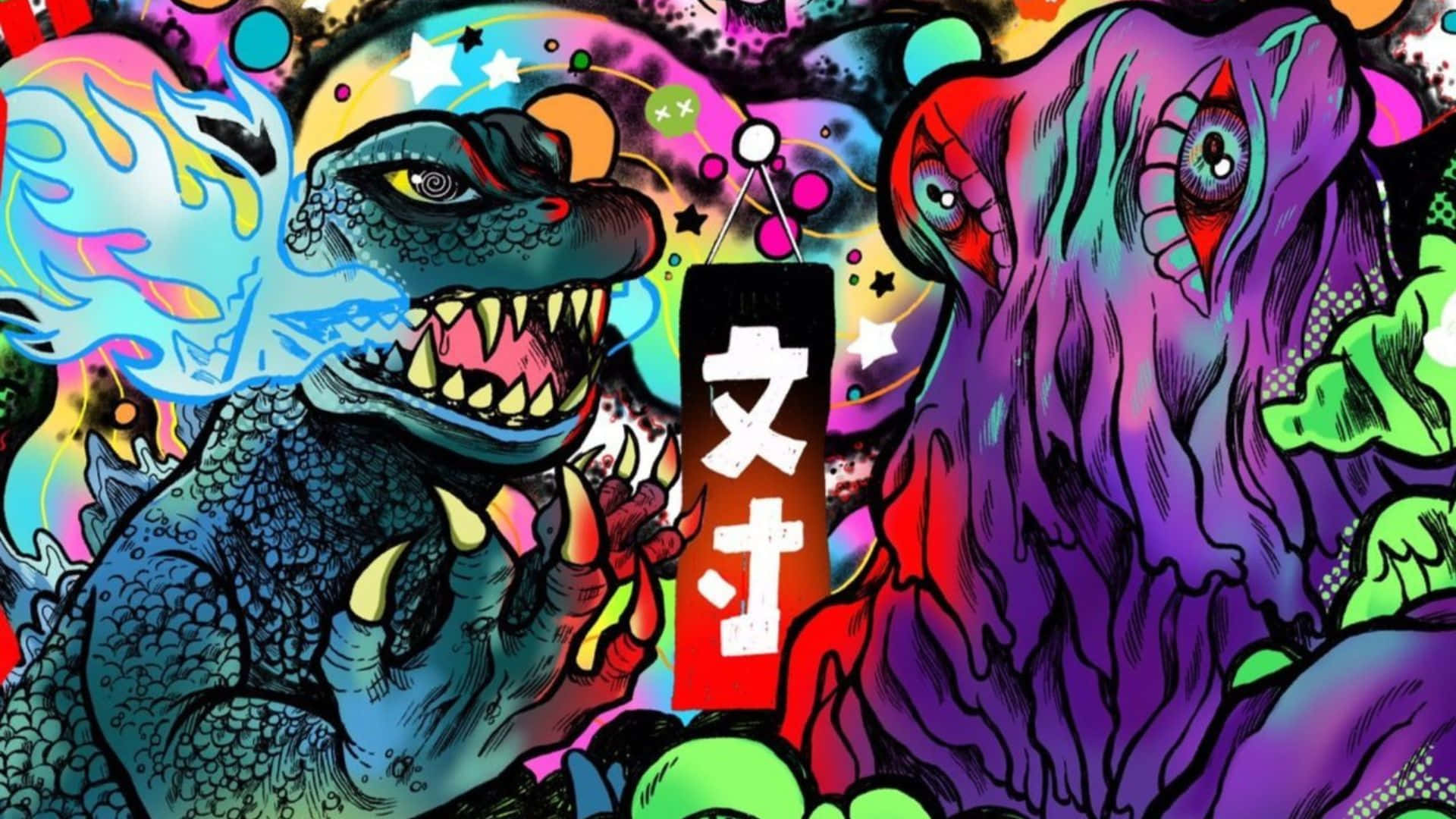 Godzilla, Hedorah, neon colors, Full HD Desktop Wallpaper