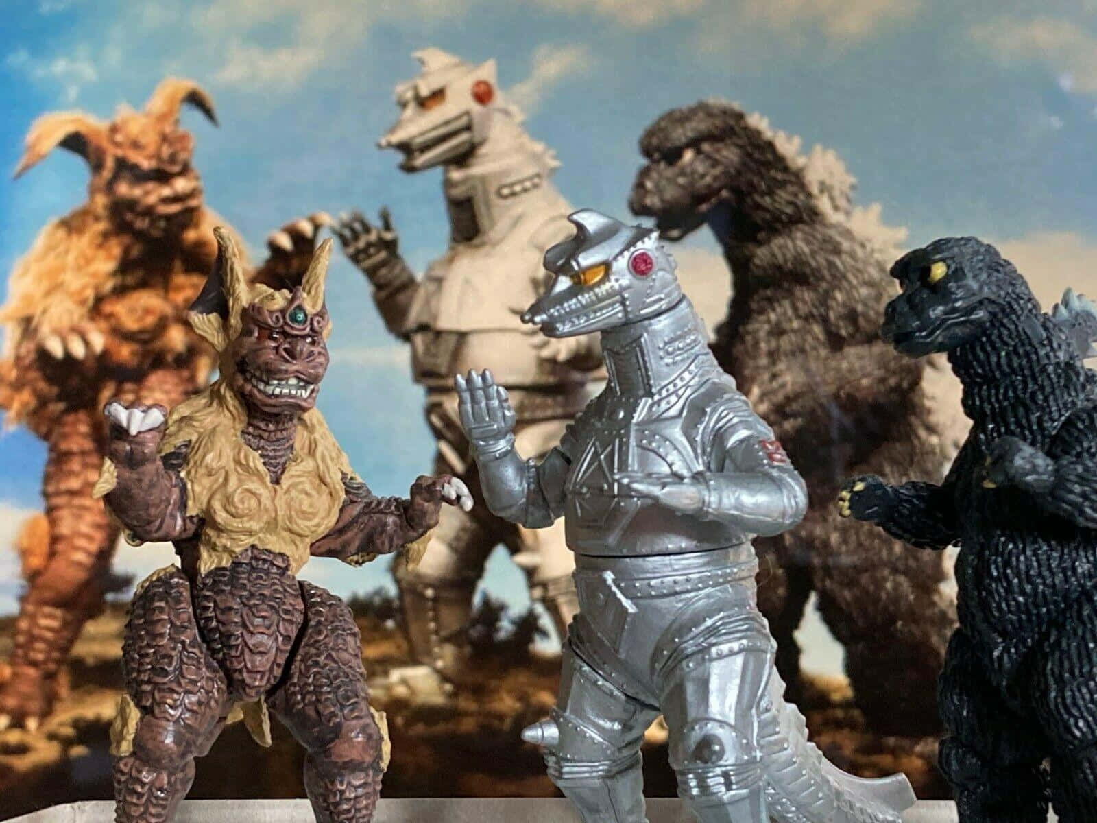 Godzilla Vs King Caesar, kaiju action figures, painted sky backdrop, HD Desktop Wallpaper