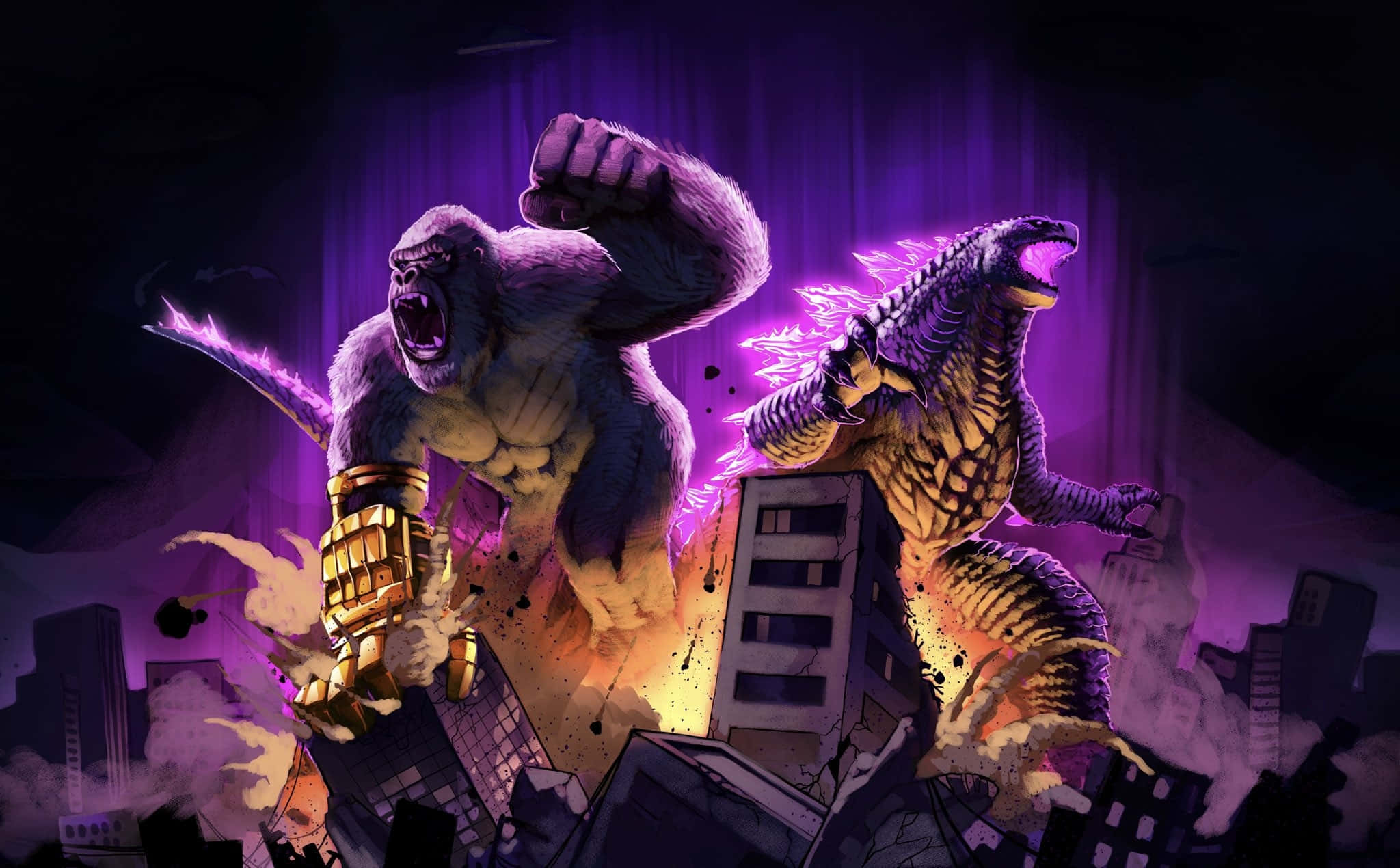 Godzilla Vs King Caesar, purple gorilla, spiky purple Godzilla, Full HD Desktop Wallpaper