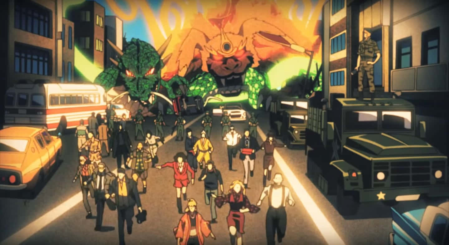 Godzilla Vs King Caesar, epic battle scene, bustling city street, HD Desktop Wallpaper