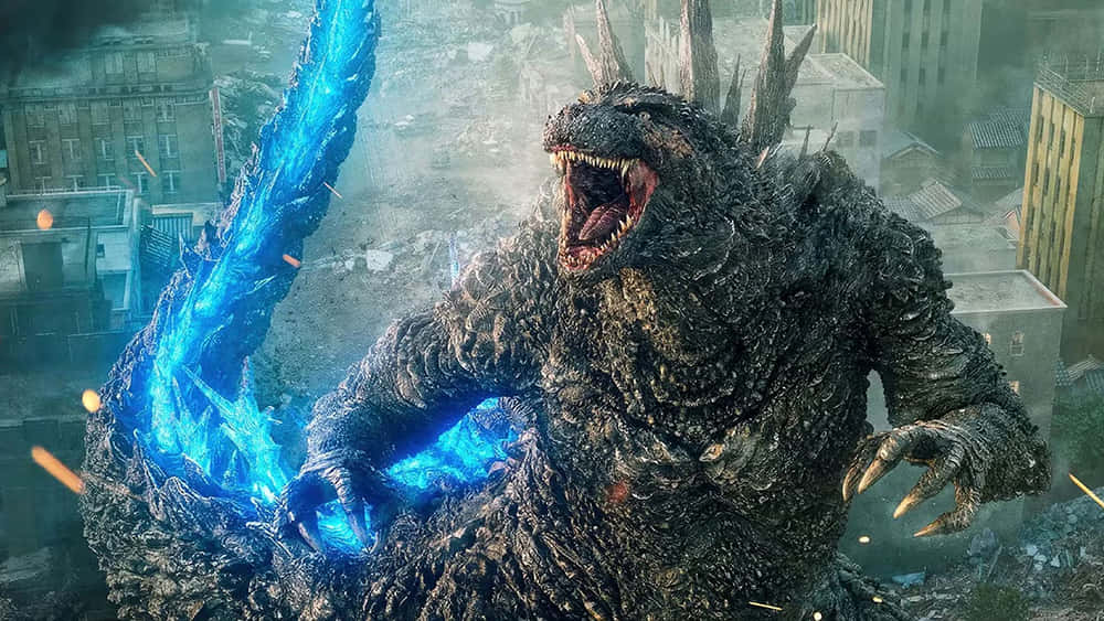 Godzilla, ruined cityscape, blue energy, SD Desktop Wallpaper
