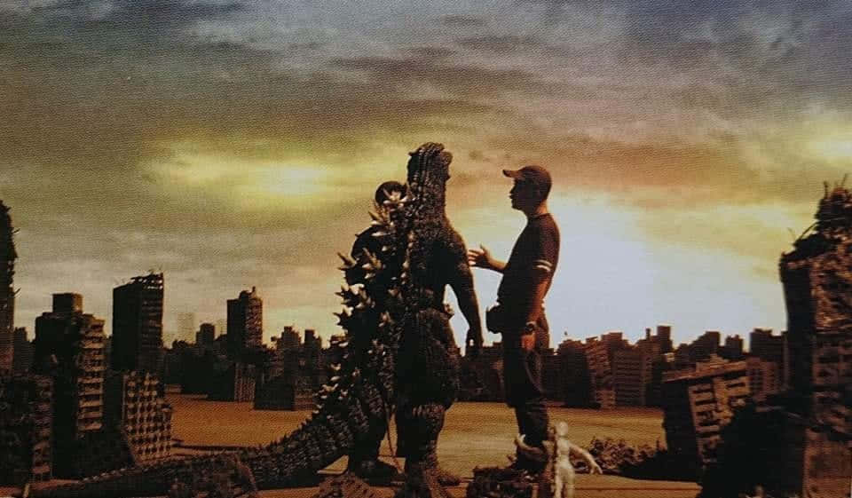 Godzilla, man in a cap, ruined city, SD Desktop Wallpaper