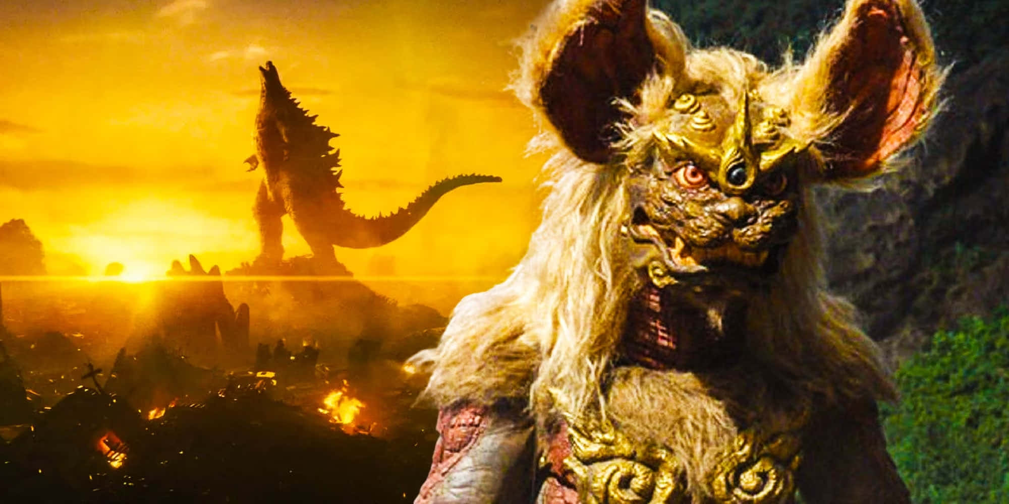 Godzilla, King Caesar, fiery sunset, Full HD Desktop Wallpaper