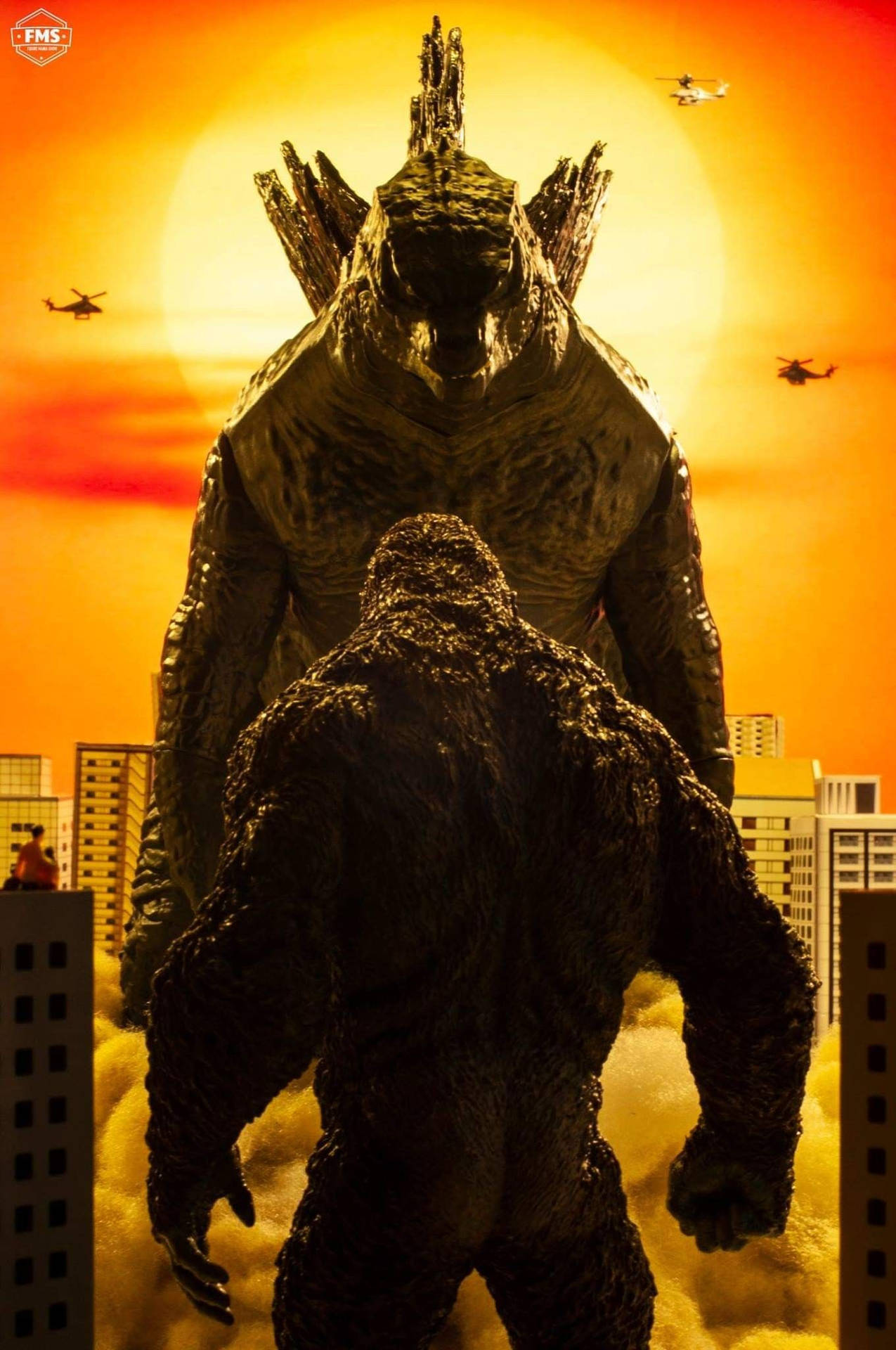 Godzilla, Kong, cityscape, Full HD Phone Wallpaper