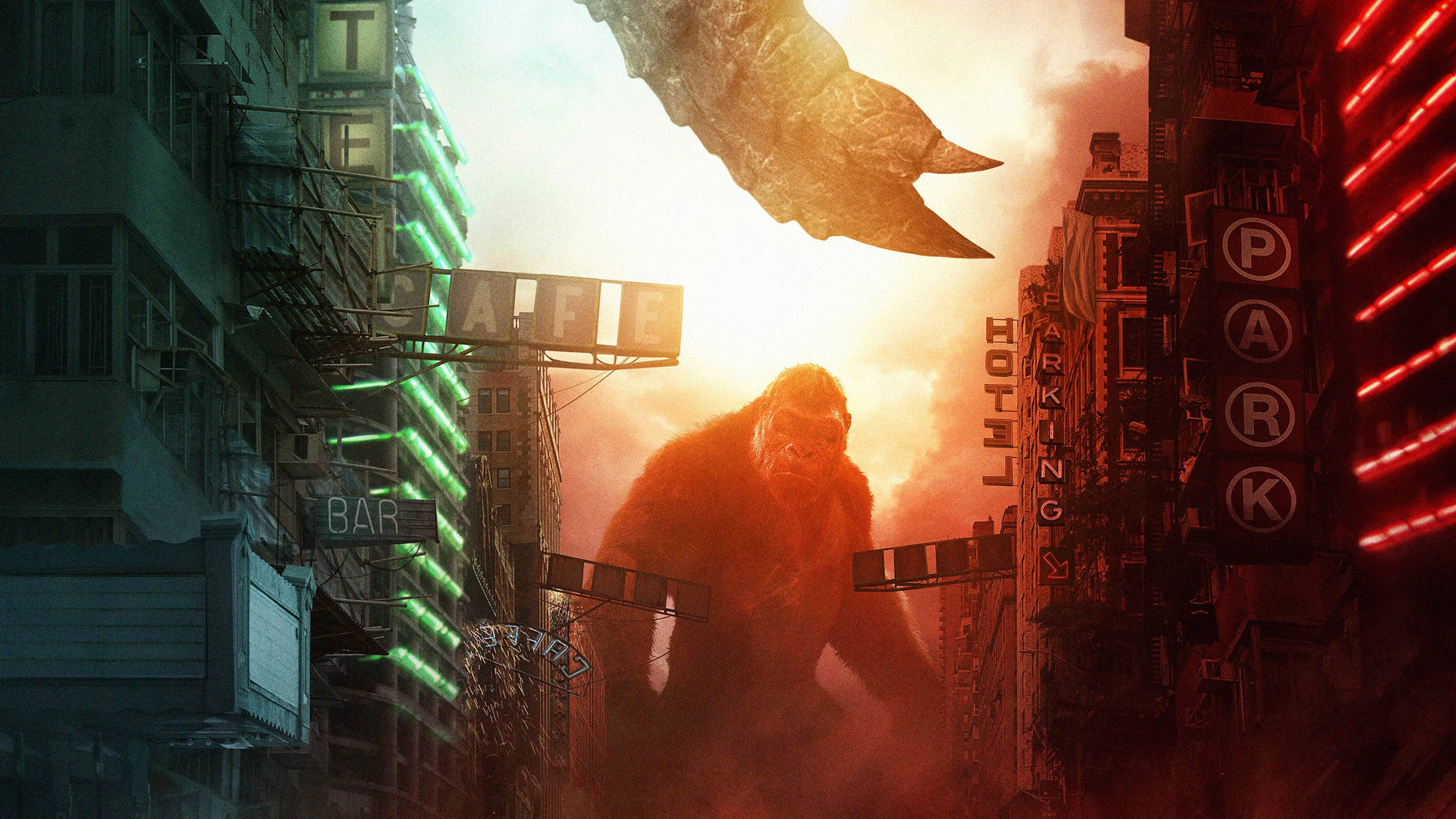 Godzilla Vs Kong 2021, colossal ape, neon-lit city street, 5K Desktop Wallpaper