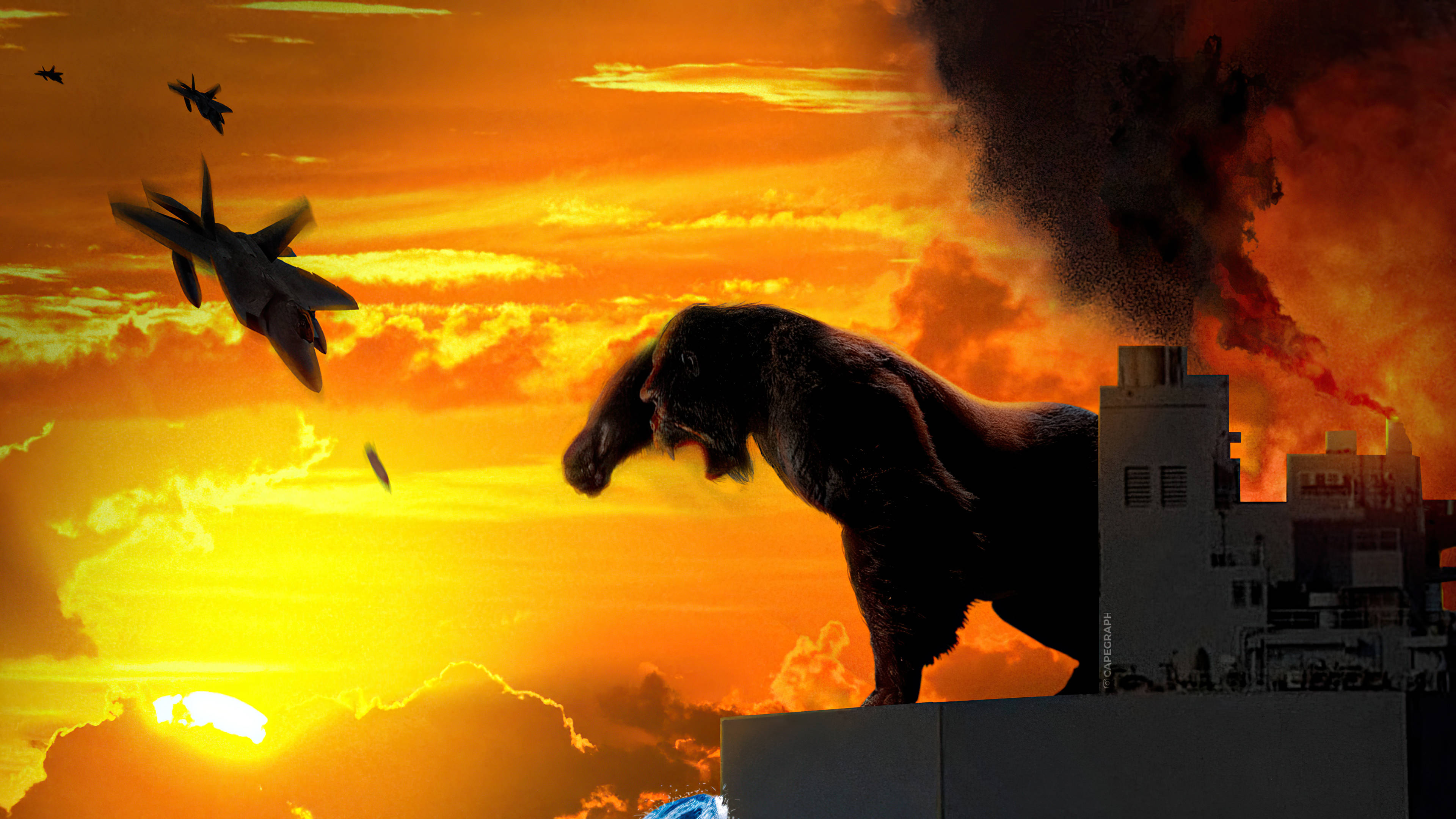 Godzilla Vs Kong 2021, giant dinosaur, burning city, 4K Desktop Wallpaper