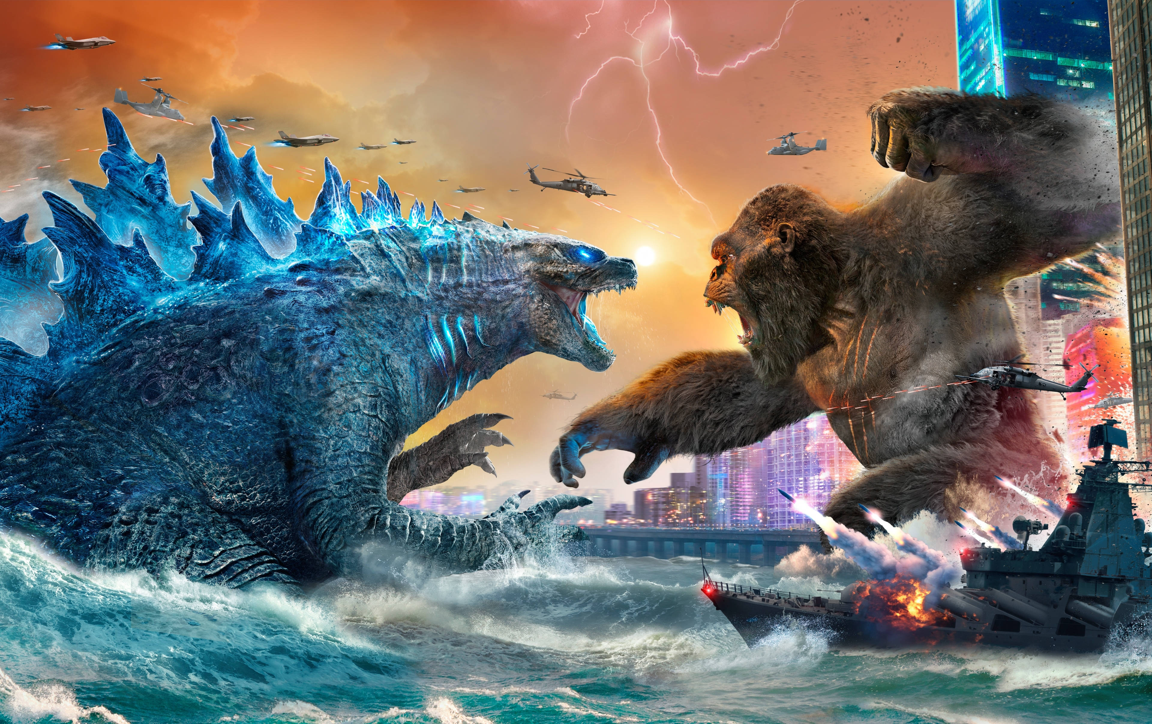 Godzilla, Kong, stormy cityscape, 4K Desktop Wallpaper