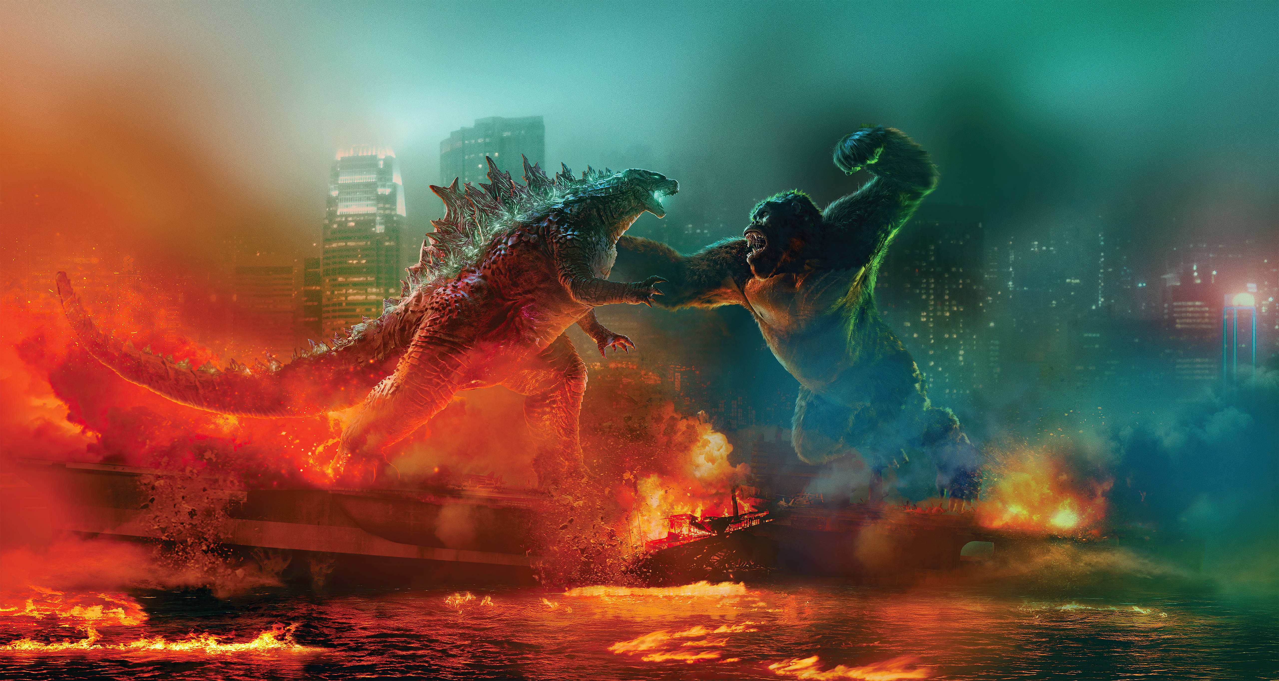 Godzilla, Kong, burning city skyline, 5K Desktop Wallpaper