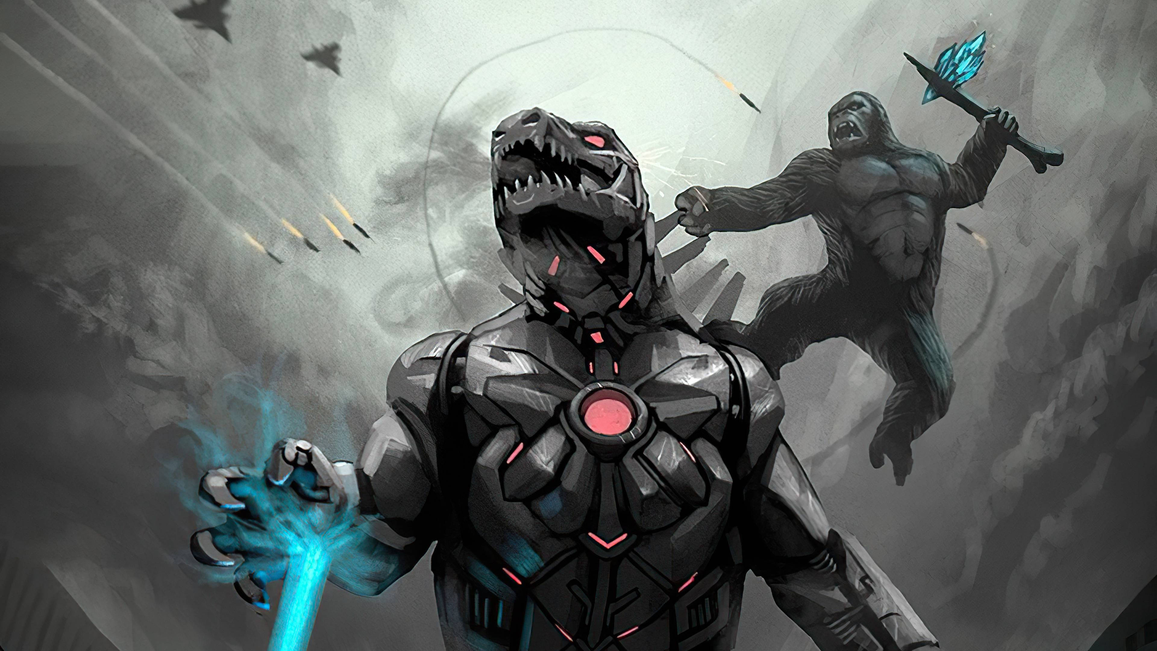 Godzilla Vs Kong 2021, cybernetic dinosaur, muscular ape, 4K Desktop Wallpaper