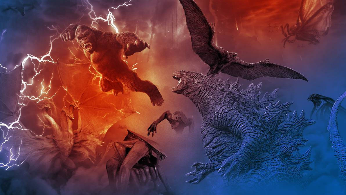 Godzilla vs Kong 2021, Giant monsters, fiery storm, SD Desktop Wallpaper
