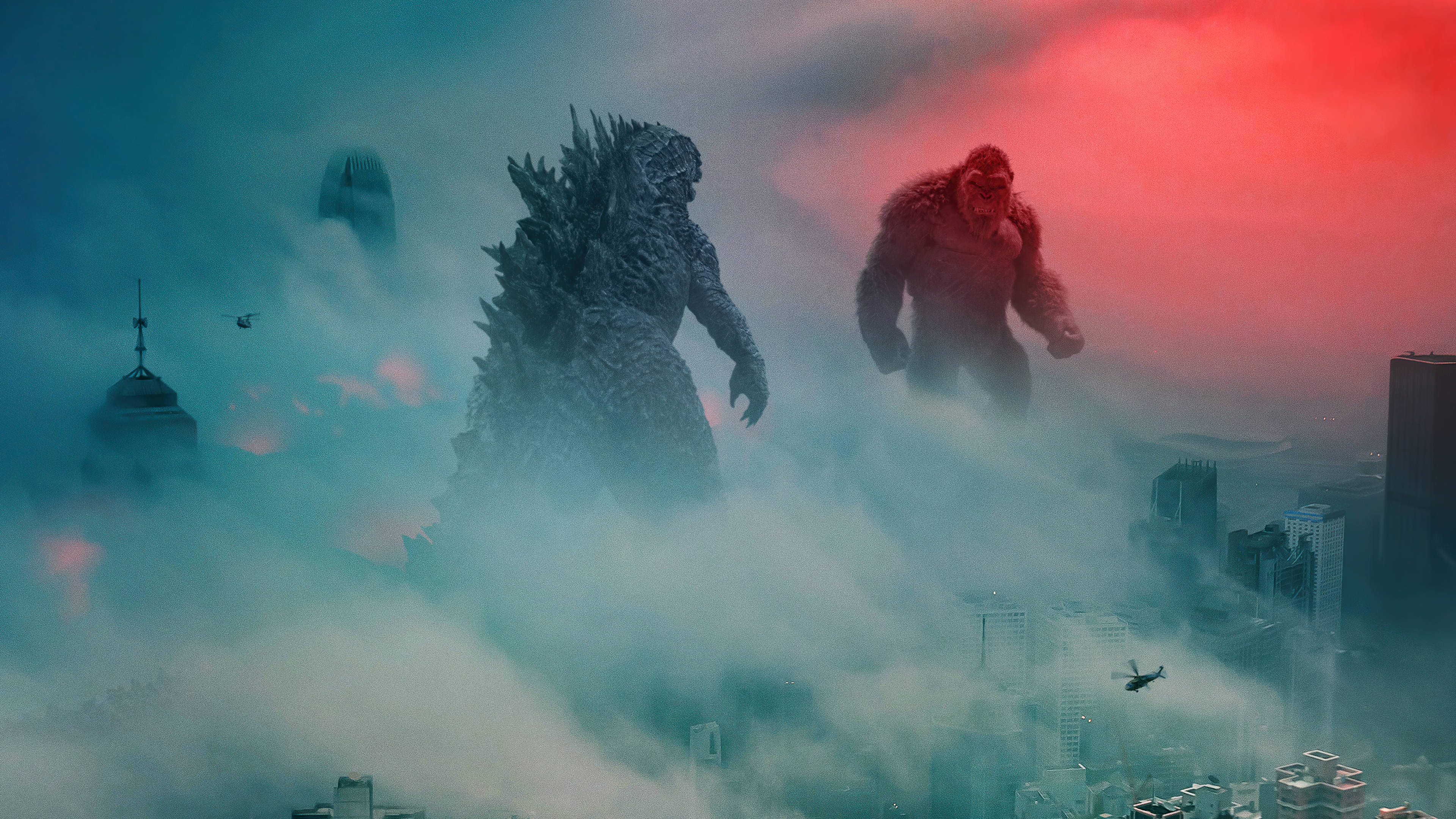 Godzilla, Kong, city shrouded in mist, 4K Desktop Wallpaper