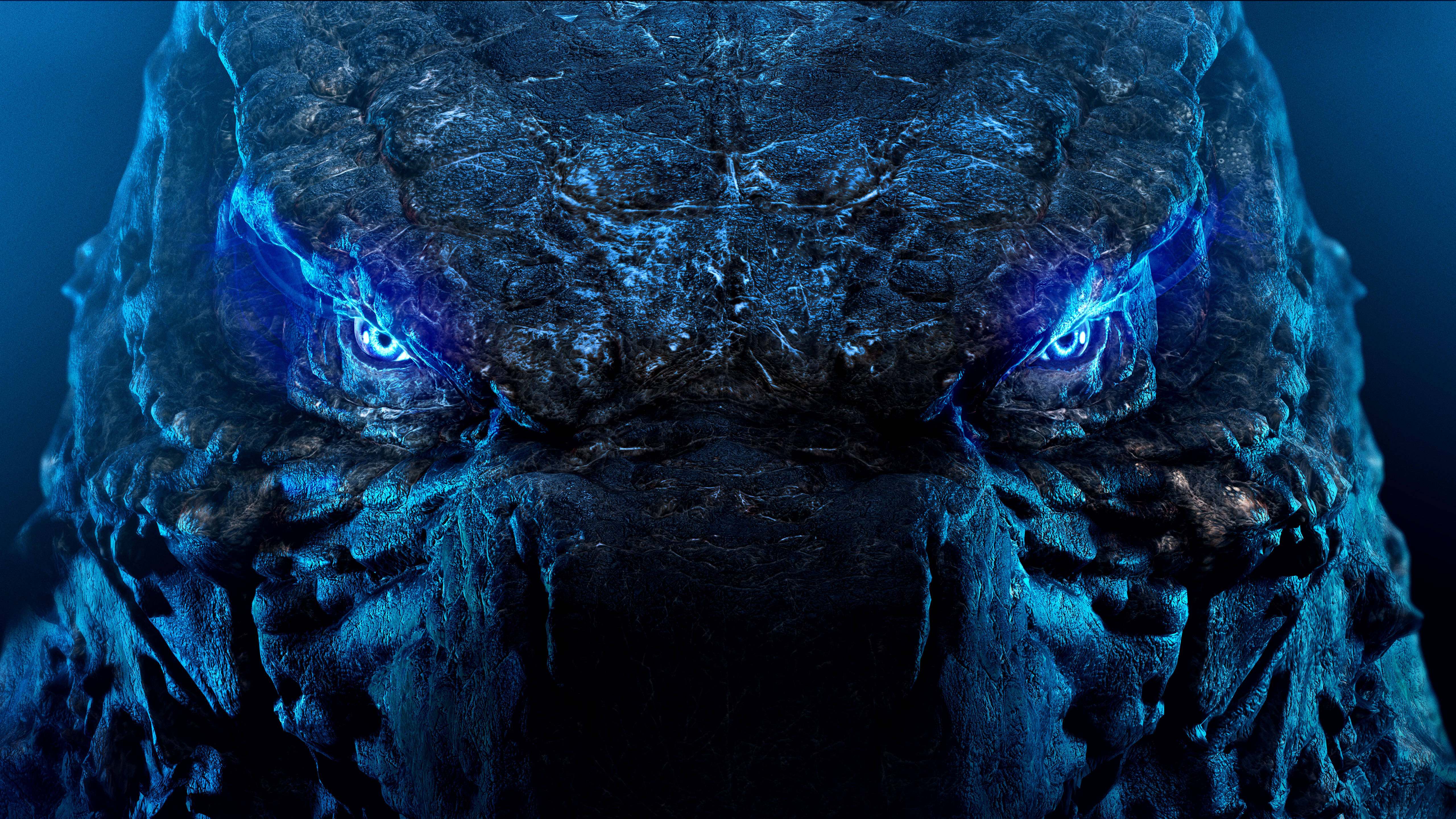 Godzilla, glowing blue eyes, textured head, 5K Desktop Wallpaper