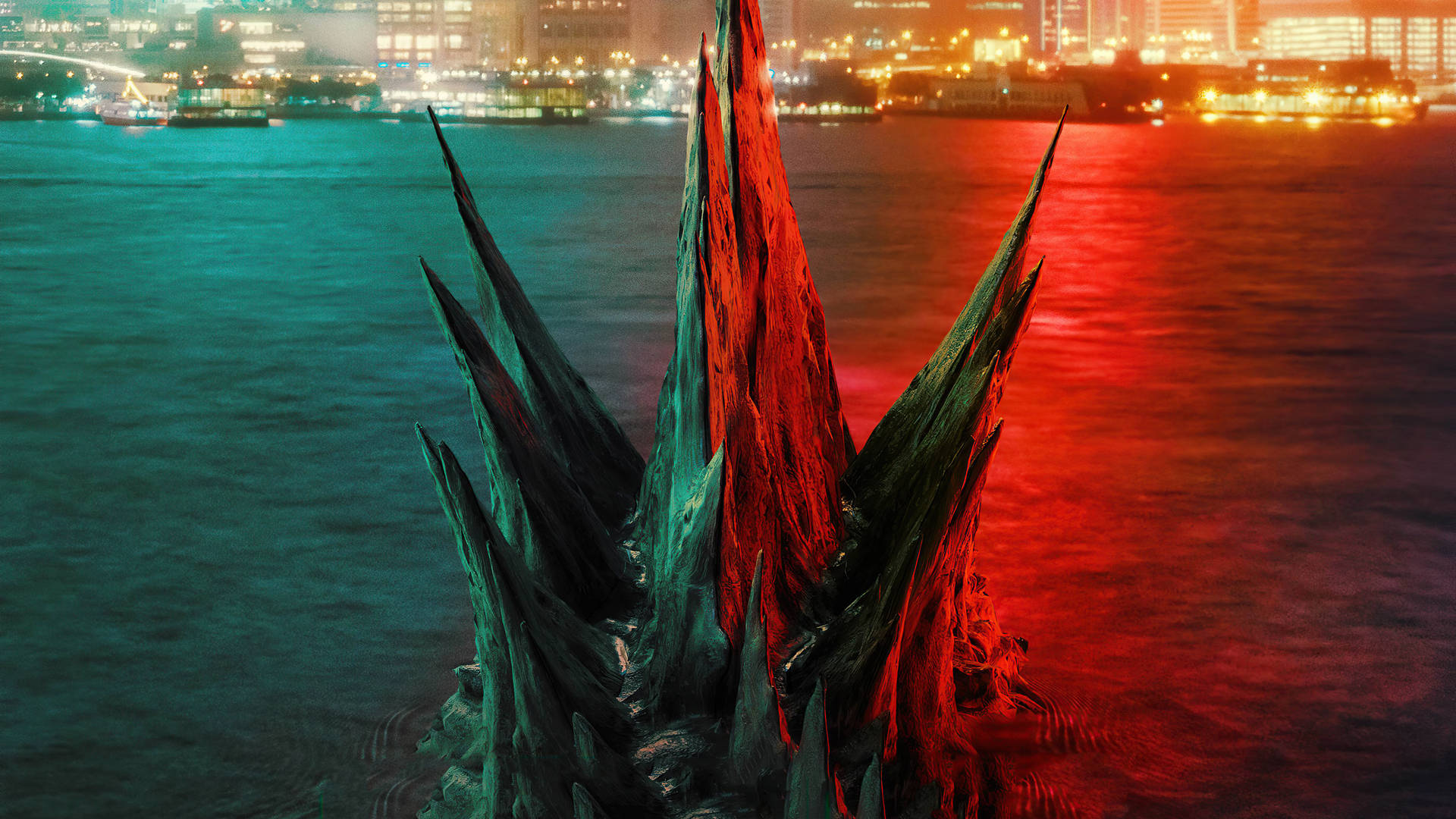 Godzilla, Kong, neon-lit city skyline, Full HD Desktop Wallpaper